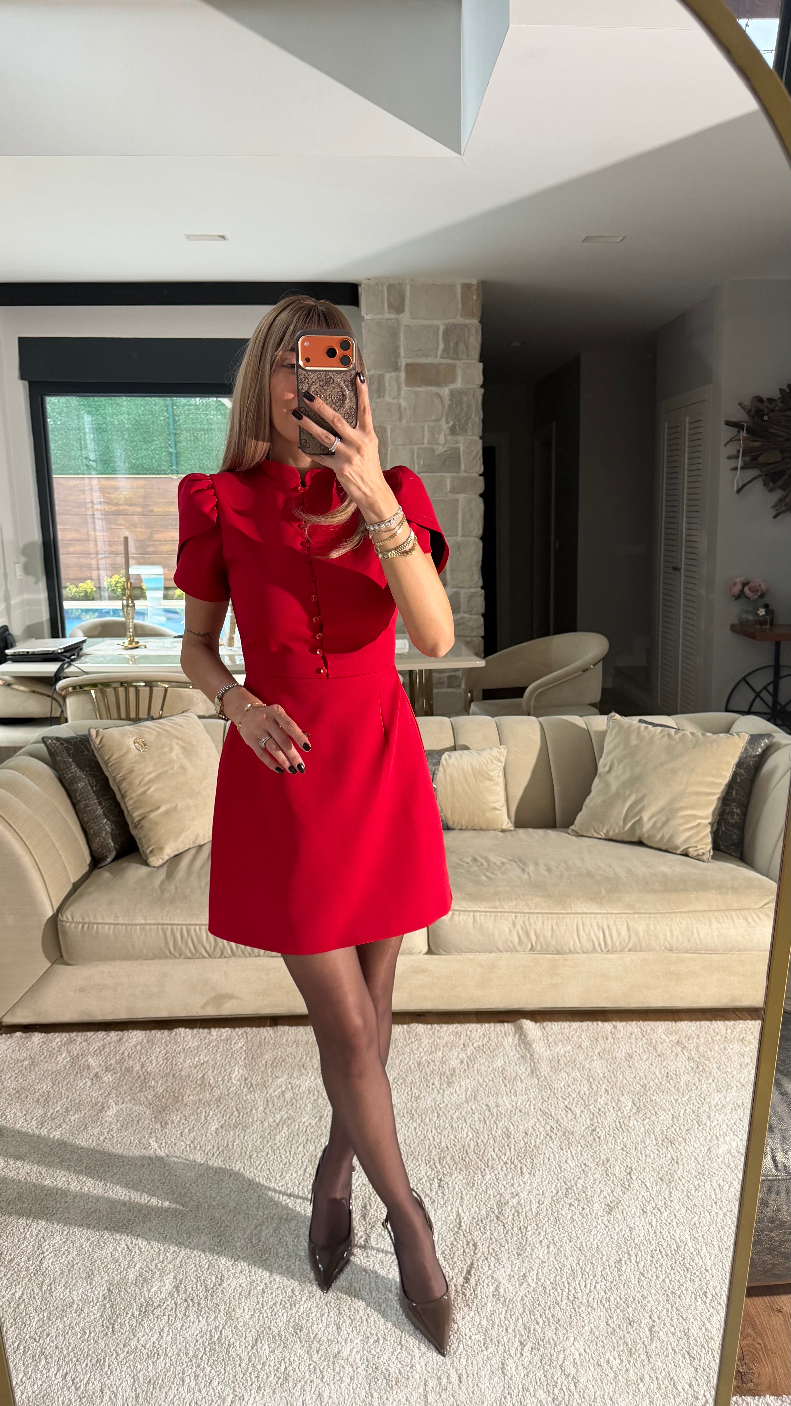 Brit Düğme Detaylı Mini Elbise - Kırmızı