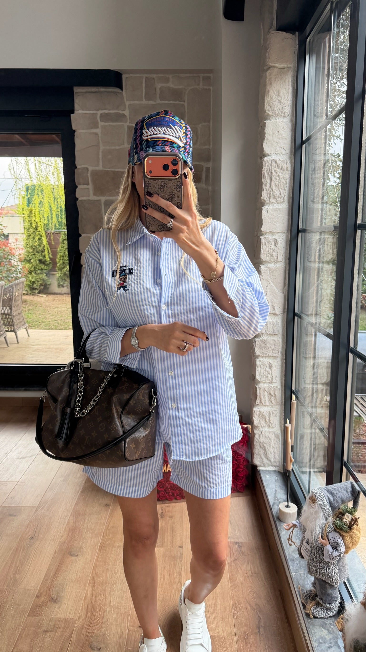 Çizgili Gömlek Şort Takım Mavi