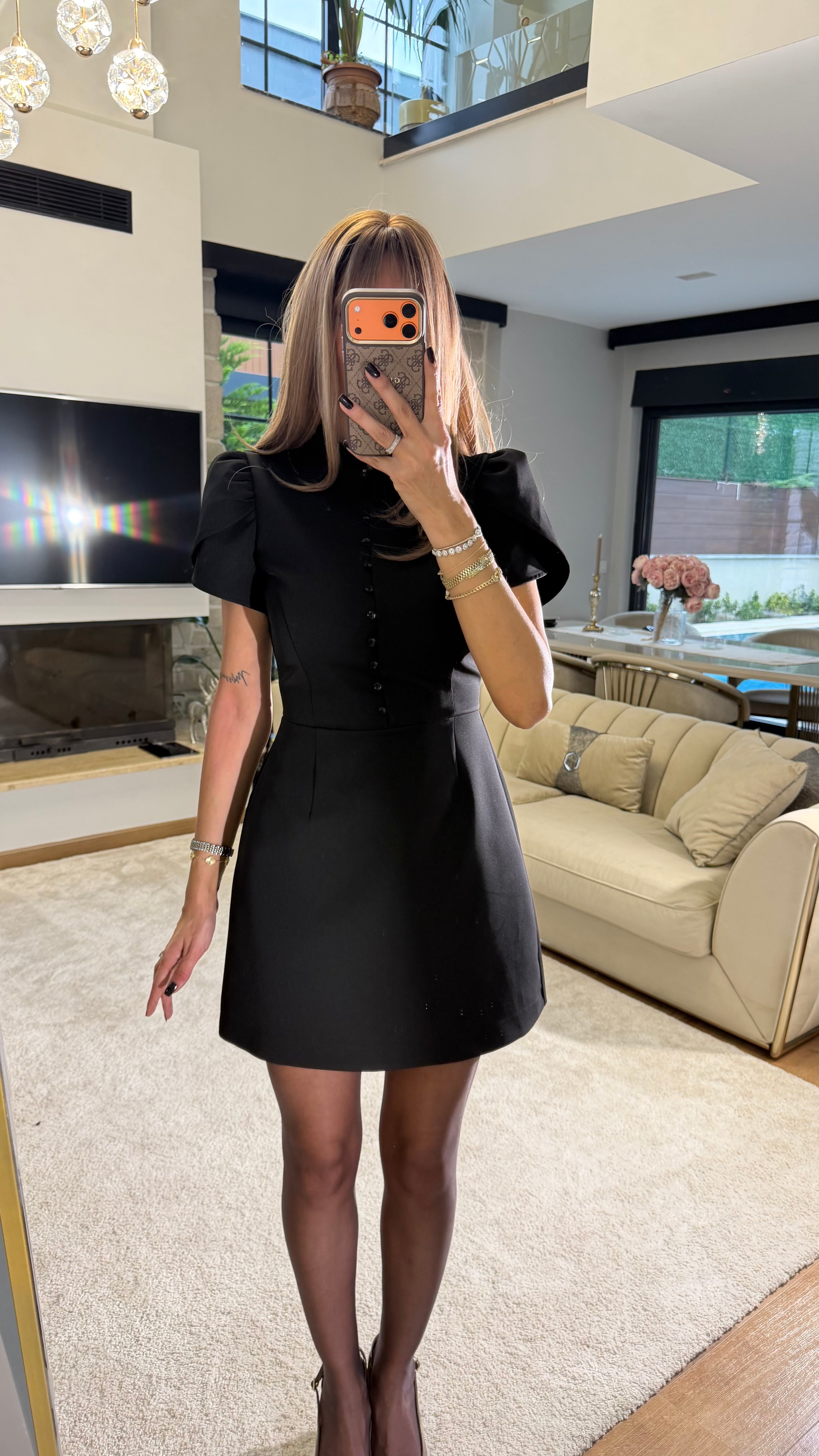 Brit Düğme Detaylı Mini Elbise - Siyah