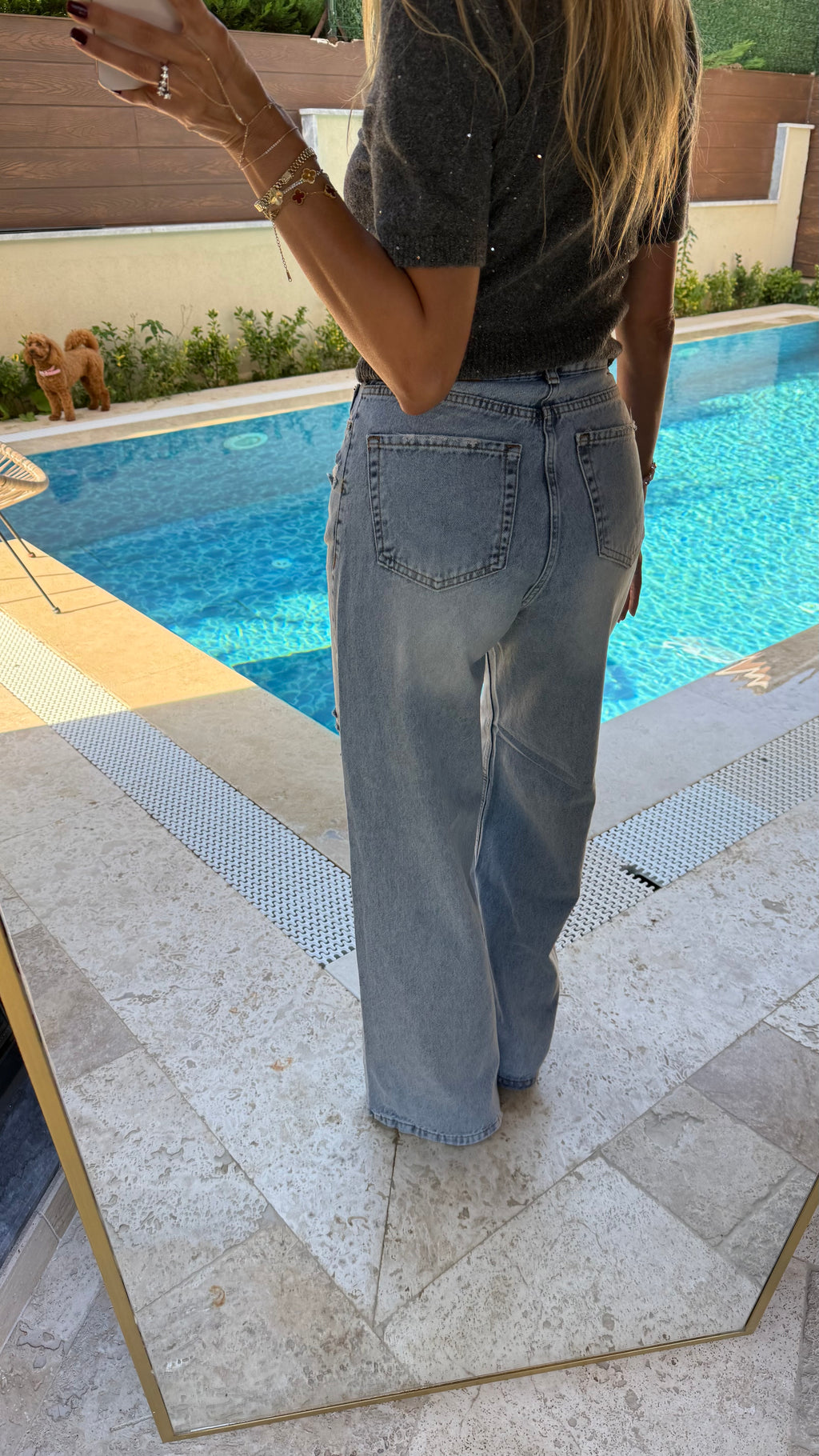 Buz Mavi Lazer Detaylı Premium Yıkamalı Wide Leg Jeans
