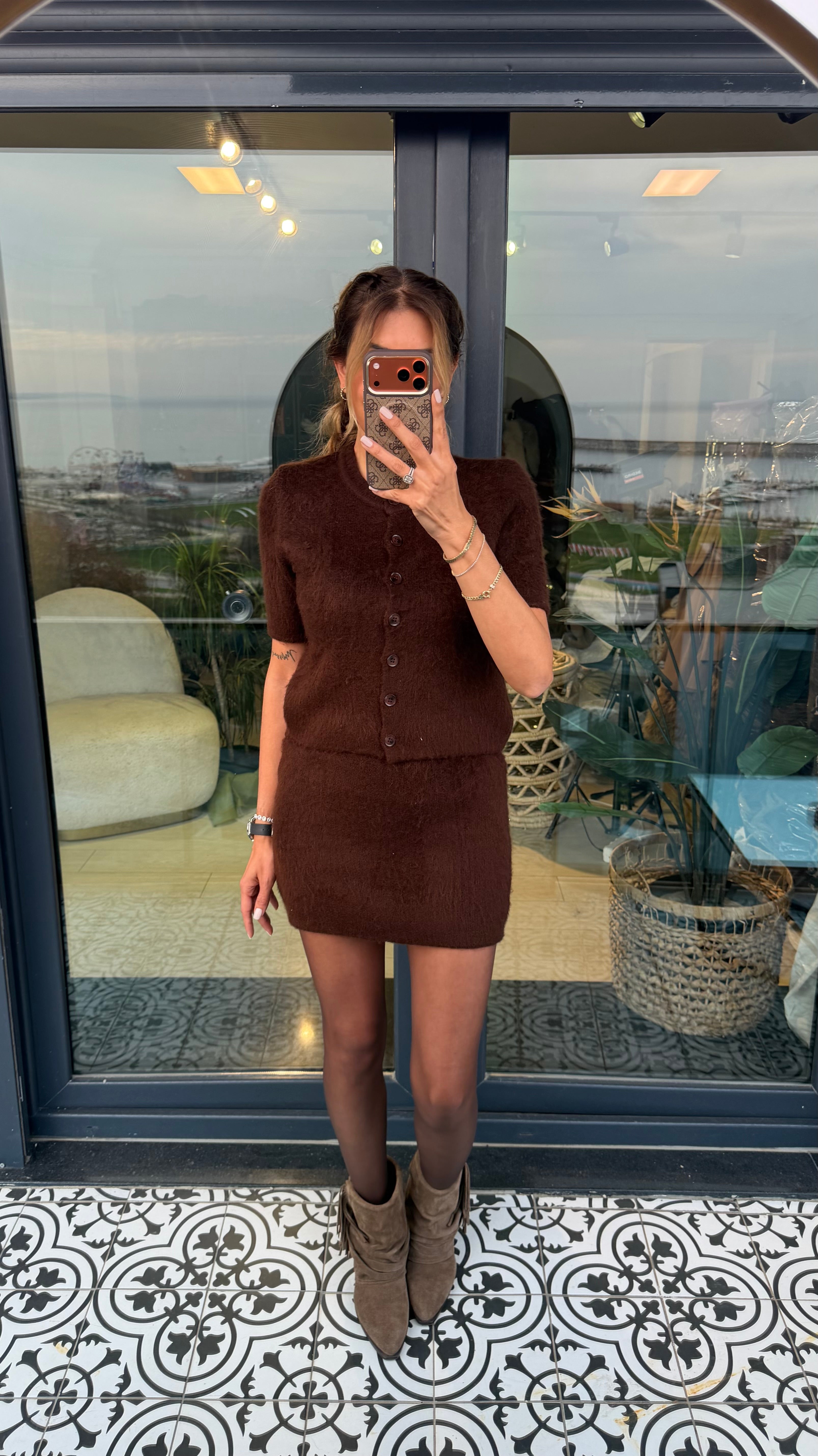 Kısa Kollu Düğme Detay Mini Etekli İkili Takım