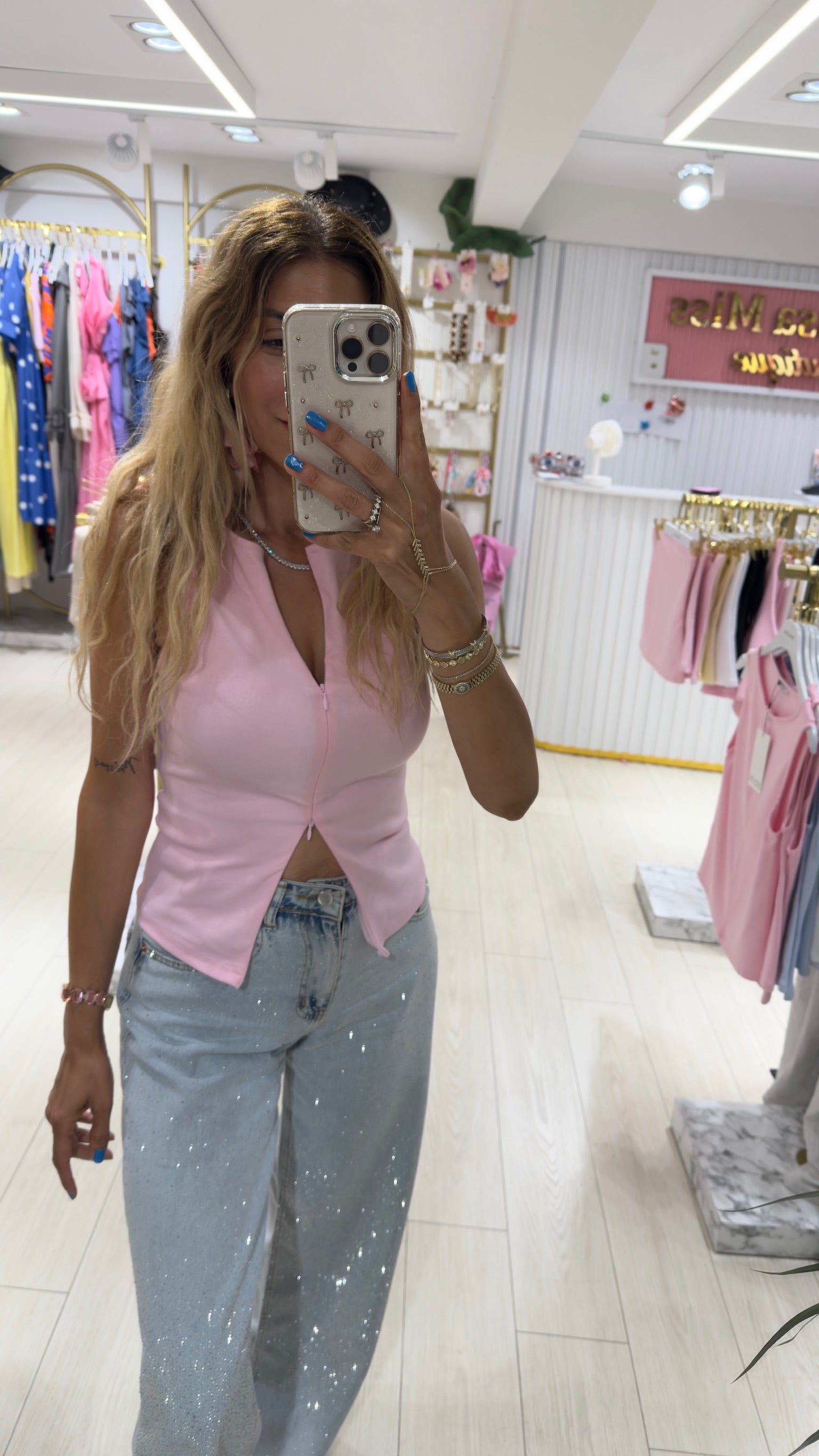Candy Crush Polo Yaka Pembe Crop Bluz