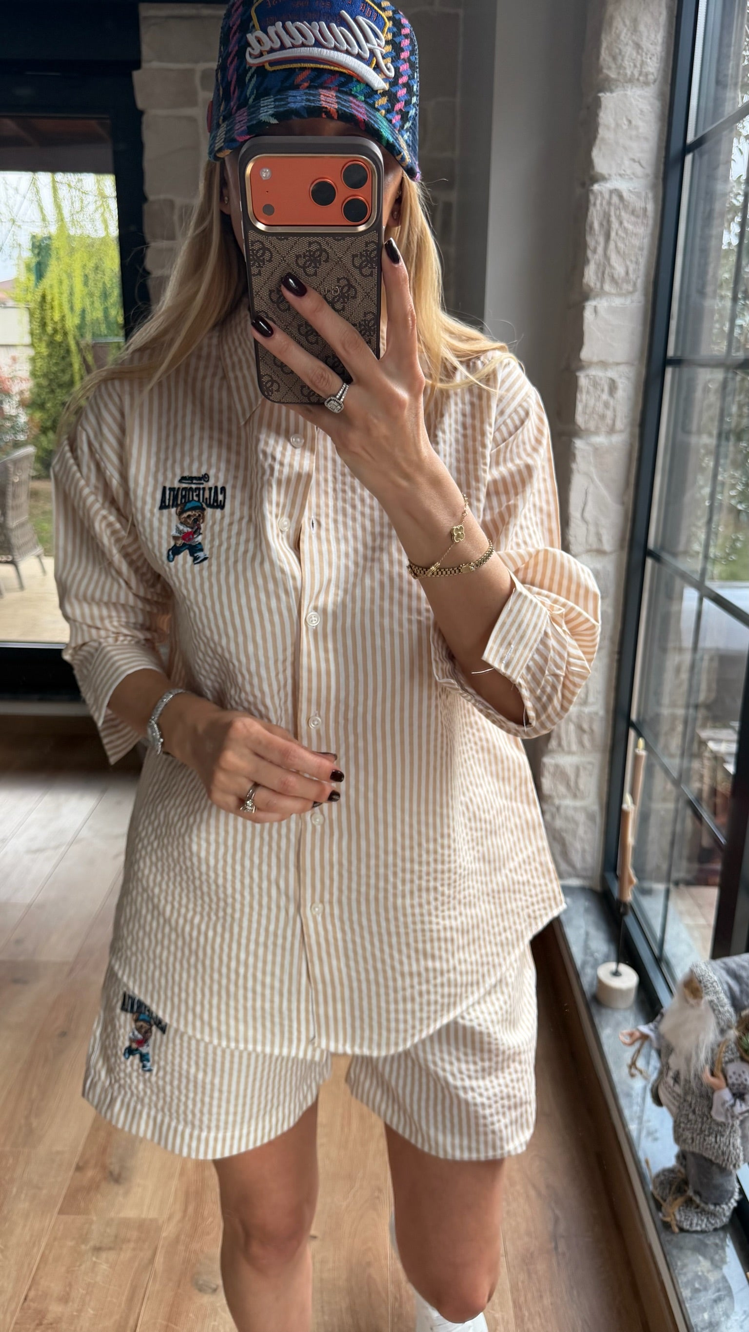 Çizgili Gömlek Şort Takım Krem / Sütlü Kahve