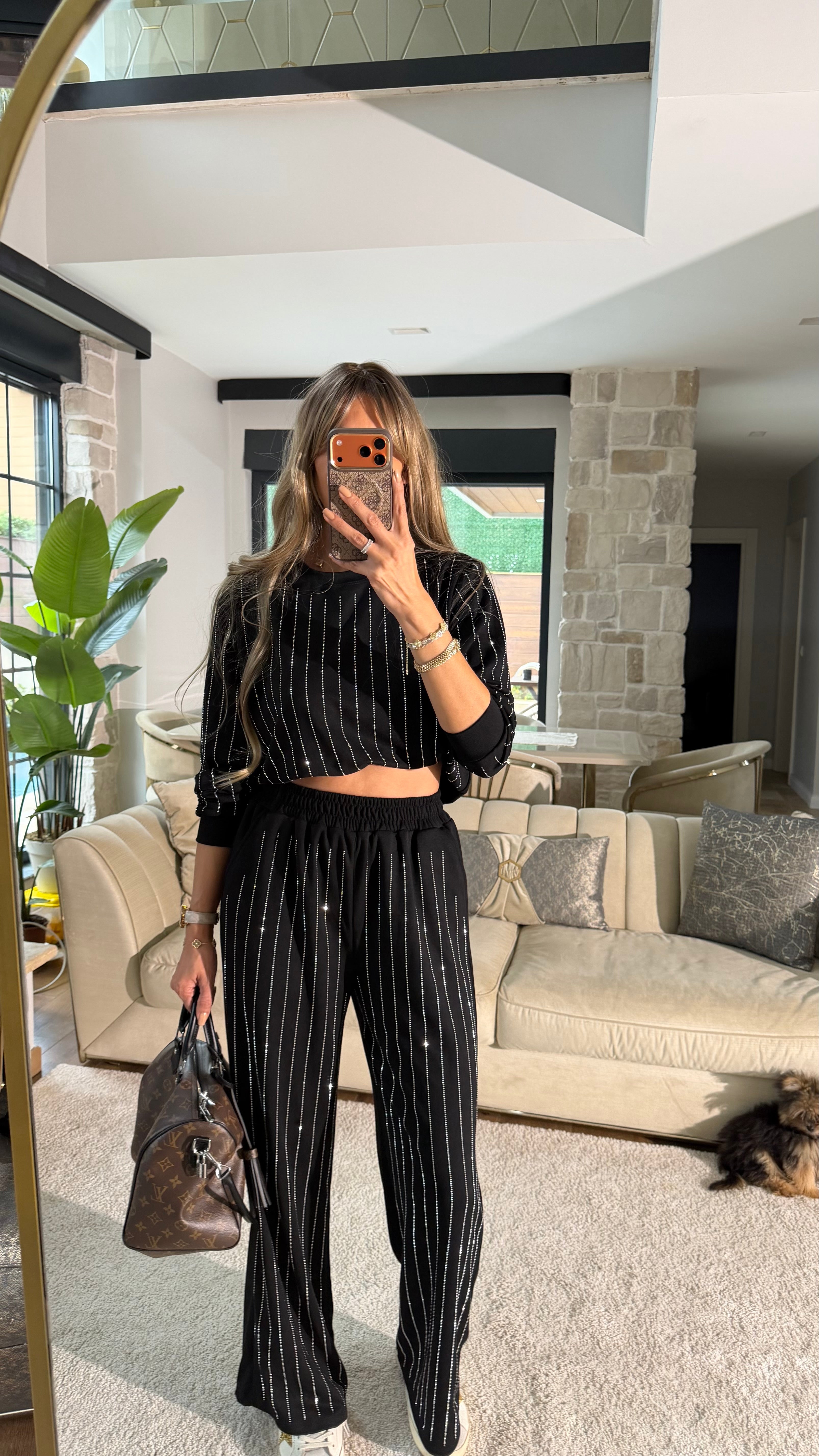 Şerit Taş Detaylı İkili Takım Siyah