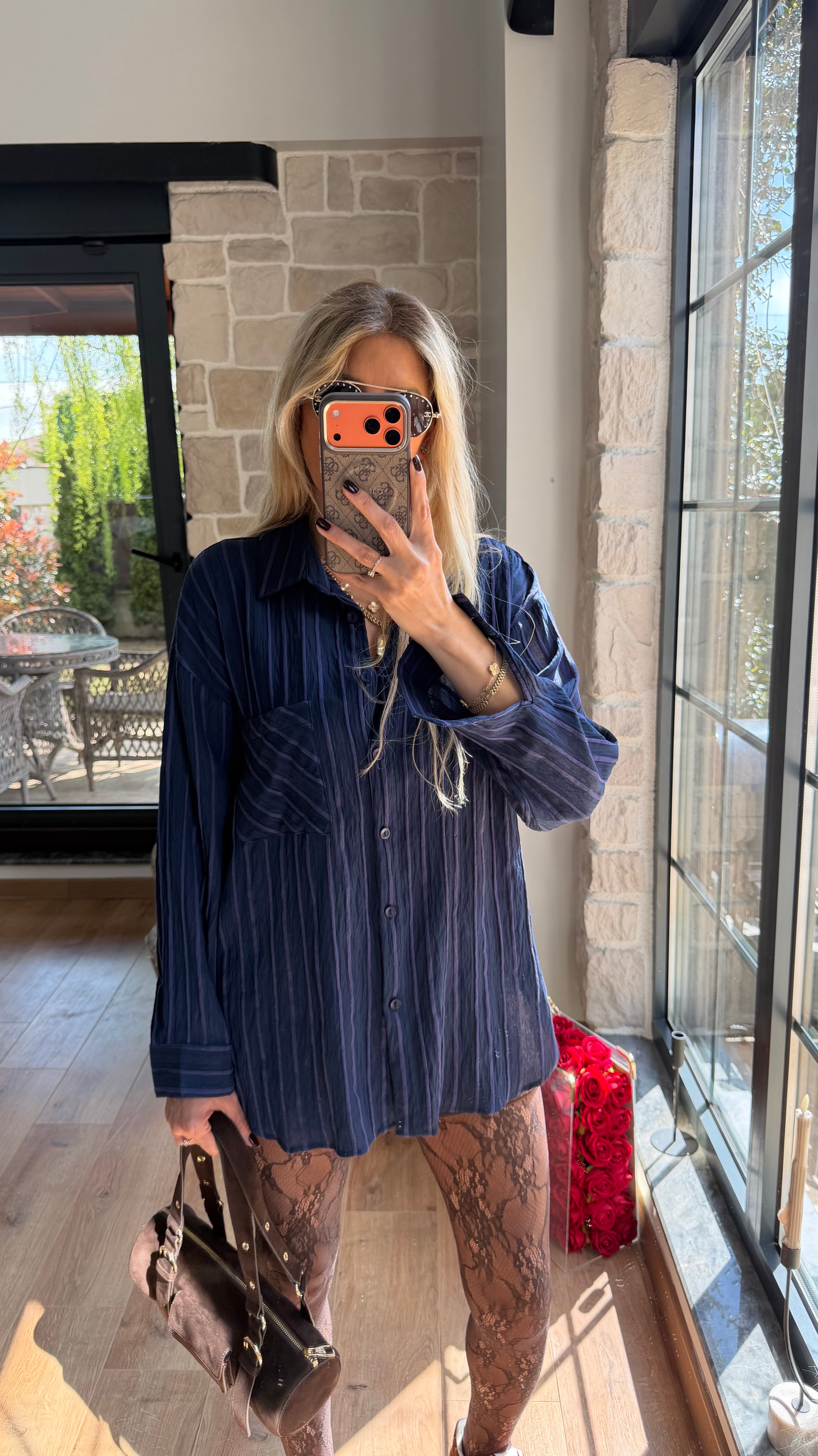 Çizgili Viscon Lacivert Gömlek