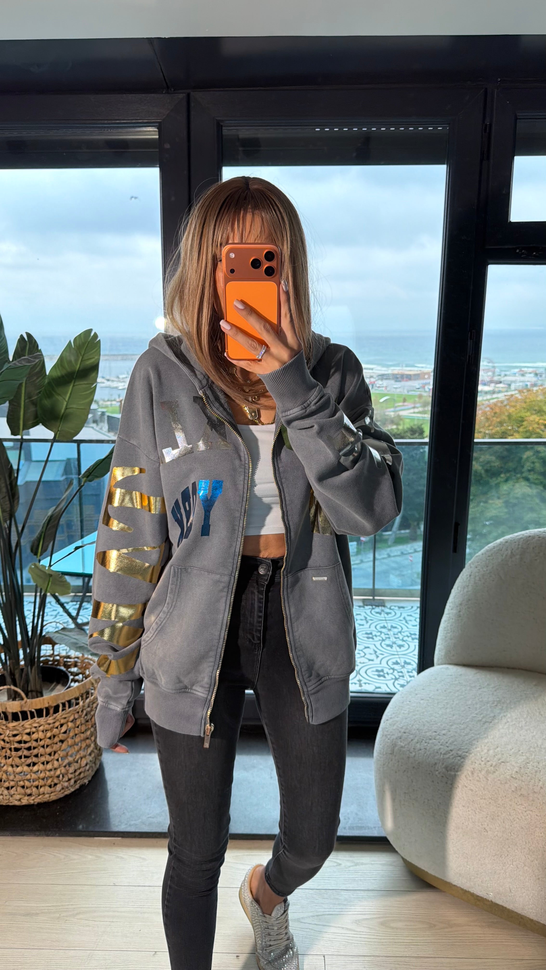 Baskı Detaylı Fermuarlı Kapüşonlu Sweatshirt