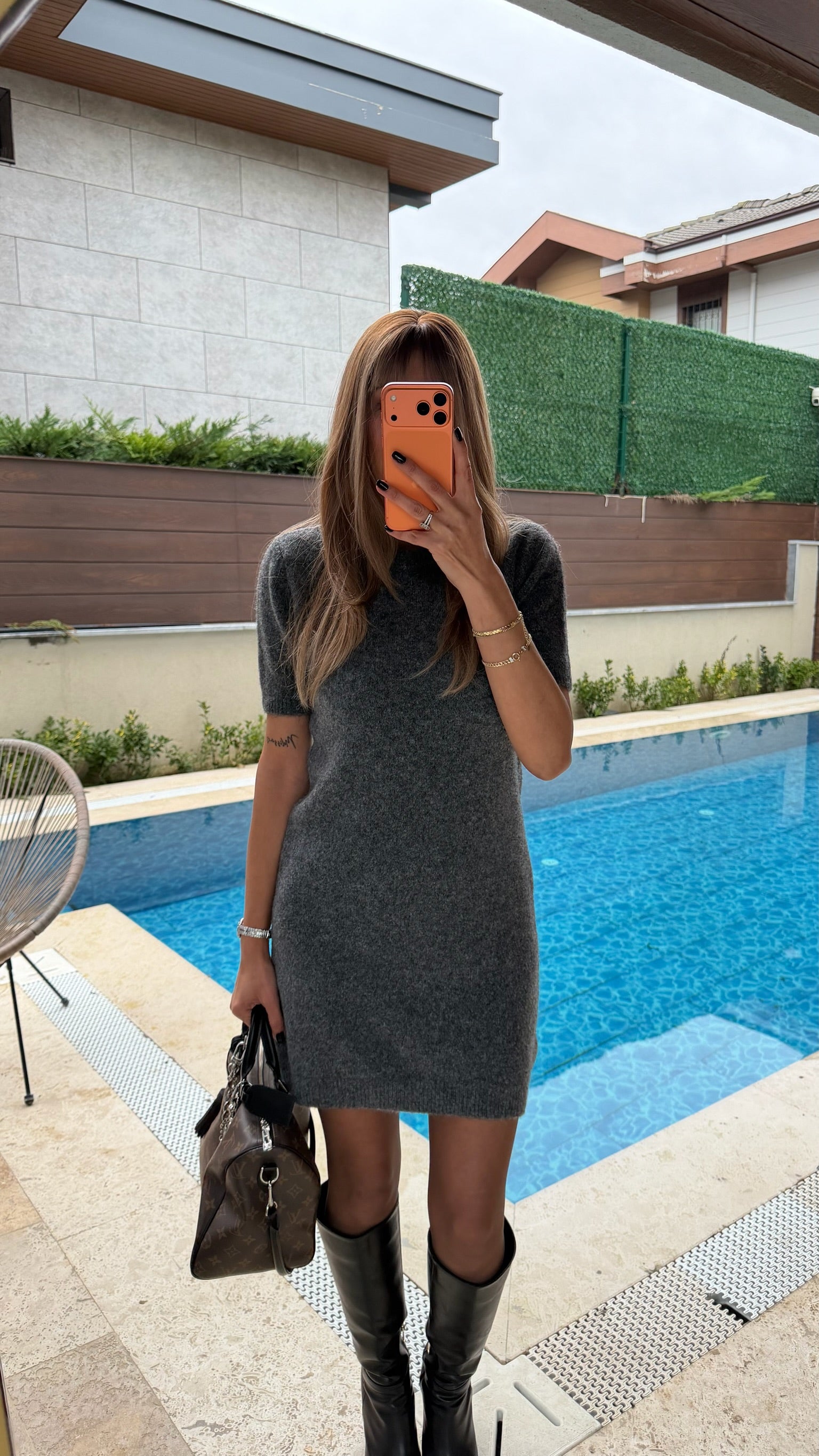 Dilvin Yumoş Triko Elbise Koyu Füme Melanj