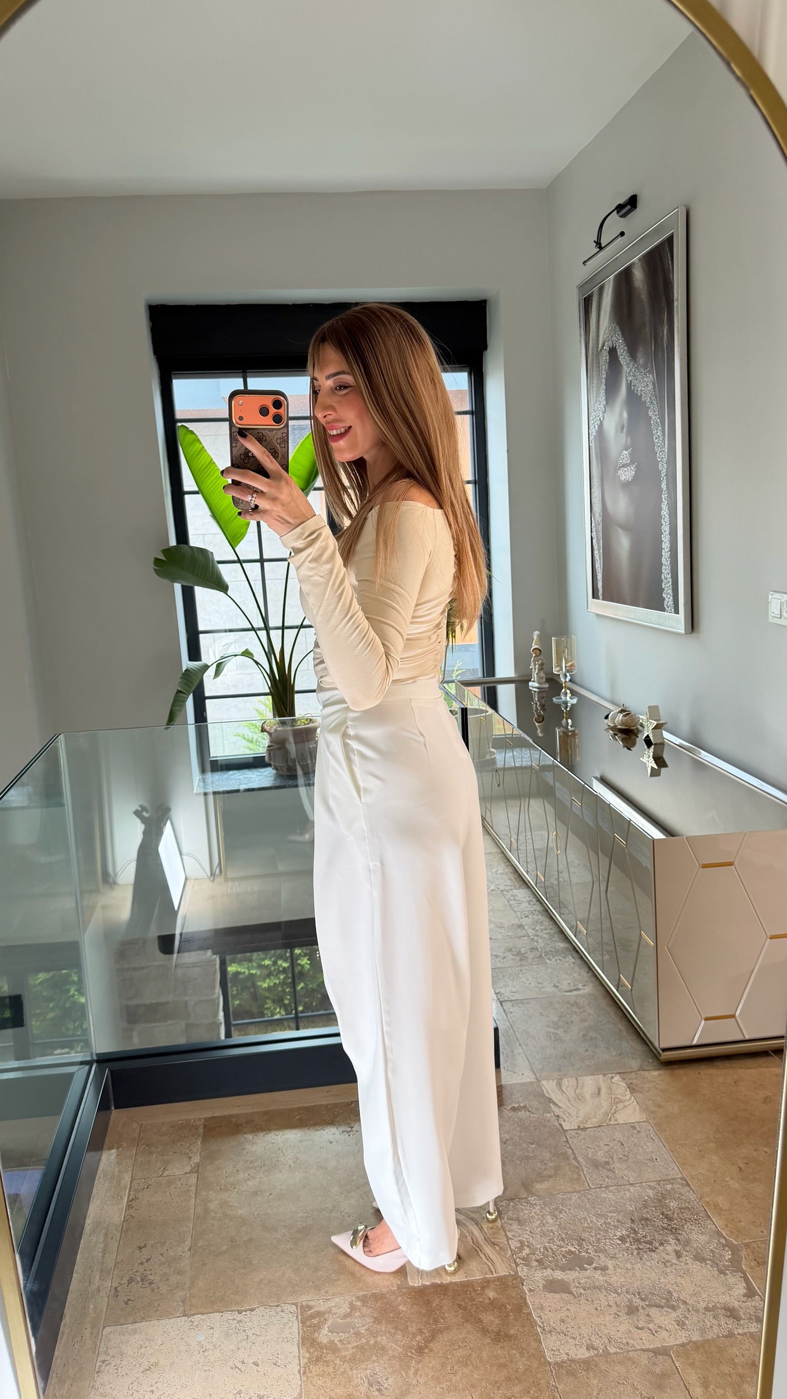 Yüksek Bel Pileli Balon Kumaş Pantolon Beyaz