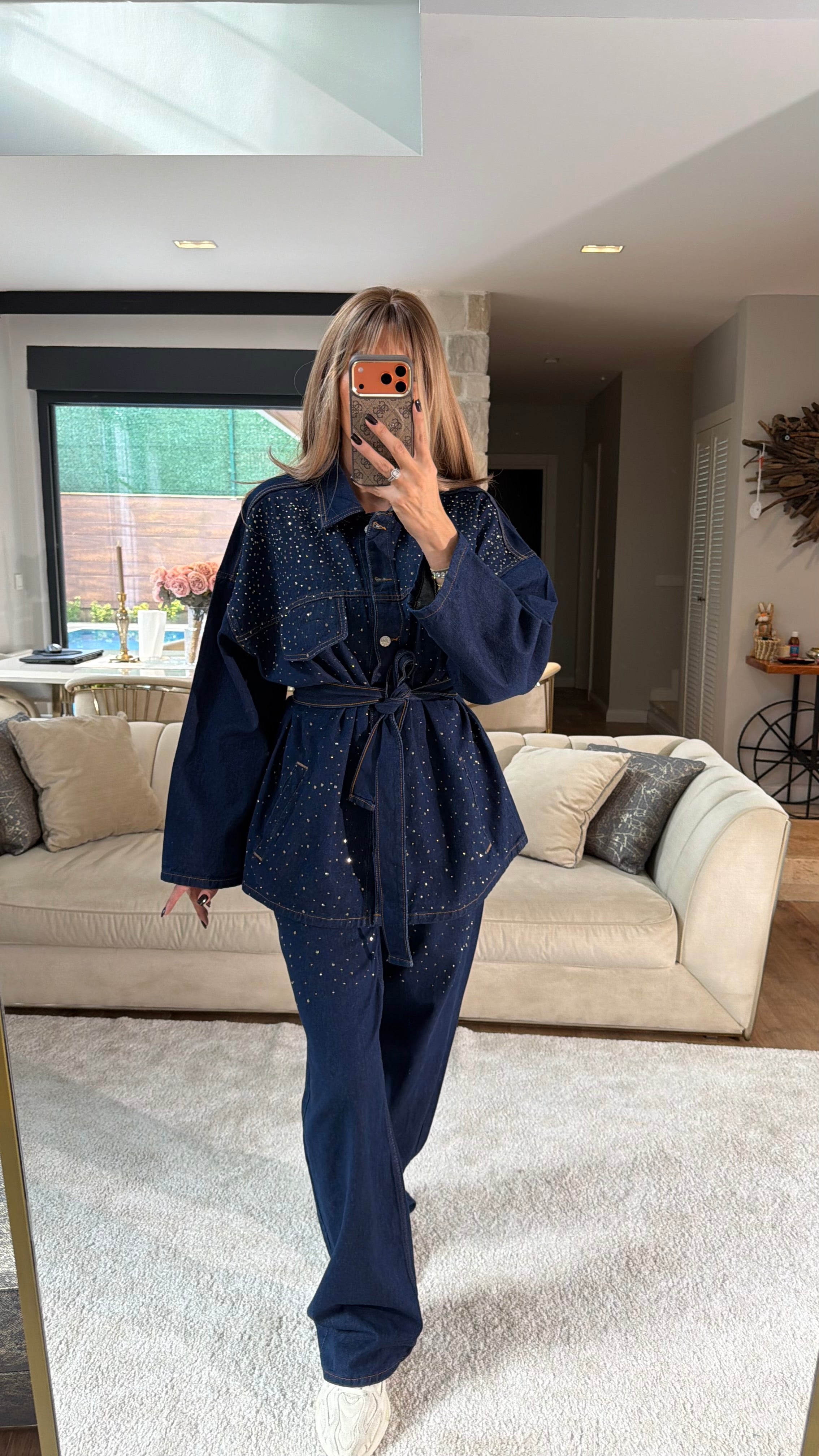 Taşlı Kemerli Kot Ceket Pantolon Takım Lacivert