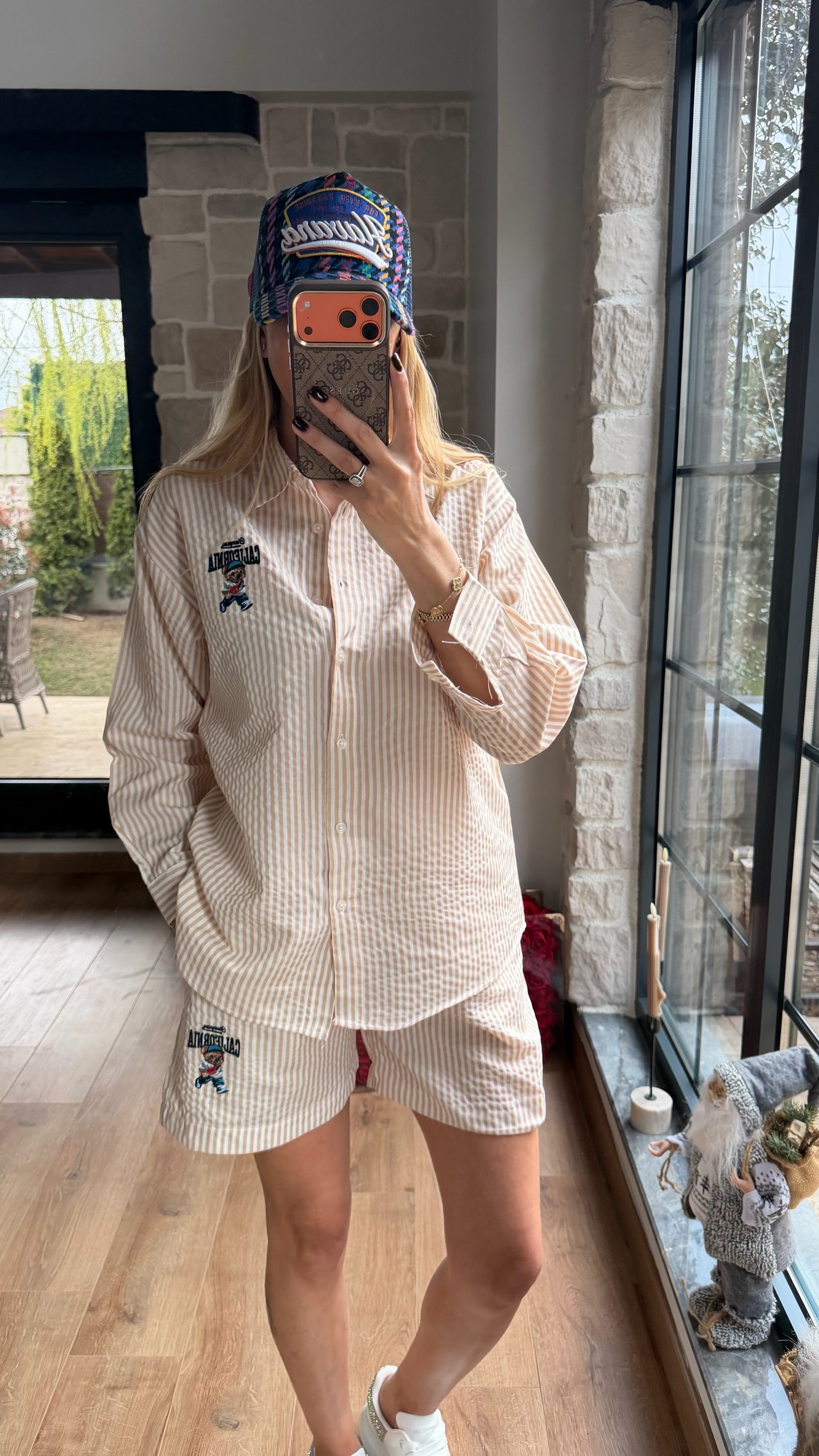 Çizgili Gömlek Şort Takım Krem / Sütlü Kahve