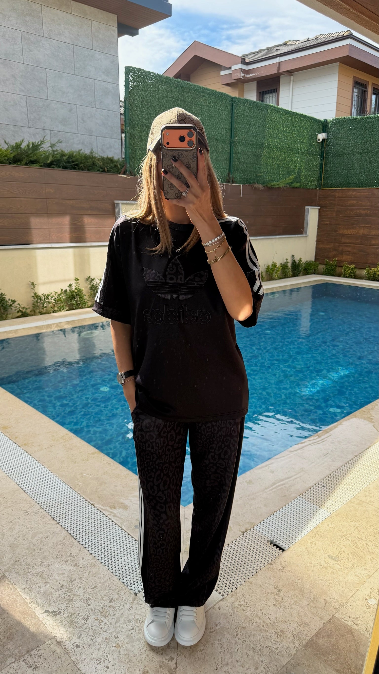 ADS Yan Çizgili Salaş Leopar Tişört Takım Siyah