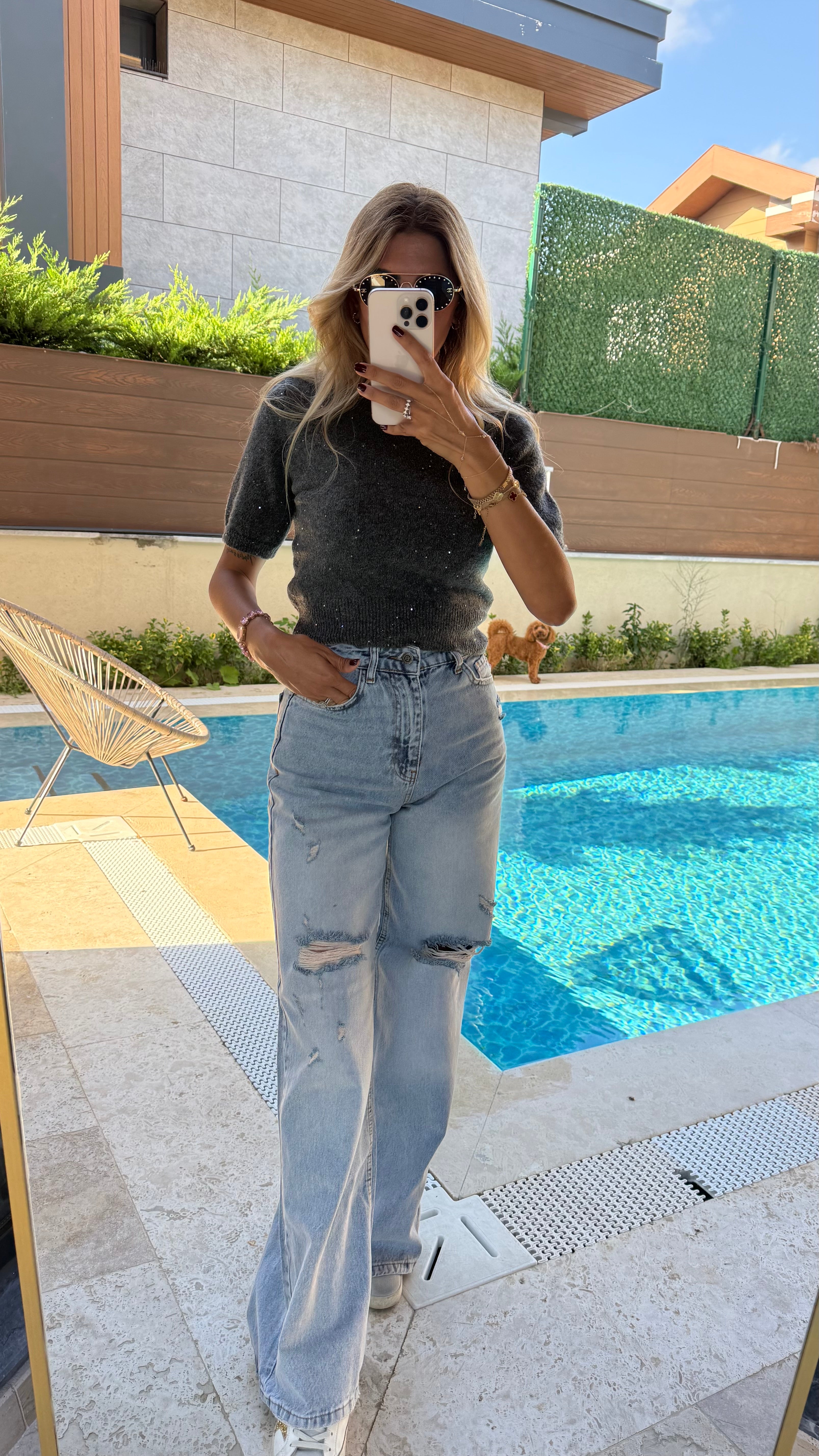 Buz Mavi Lazer Detaylı Premium Yıkamalı Wide Leg Jeans