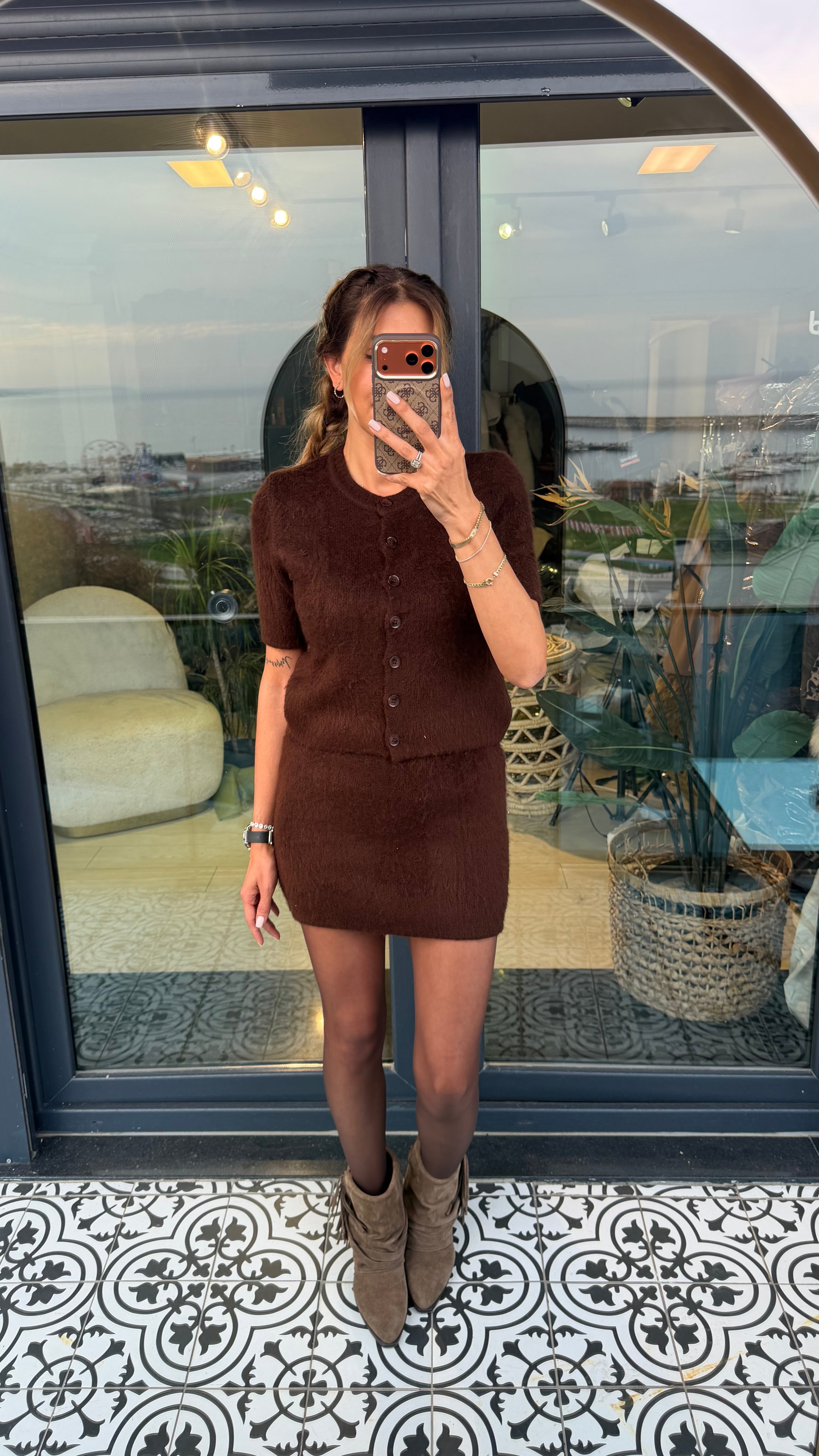 Kısa Kollu Düğme Detay Mini Etekli İkili Takım