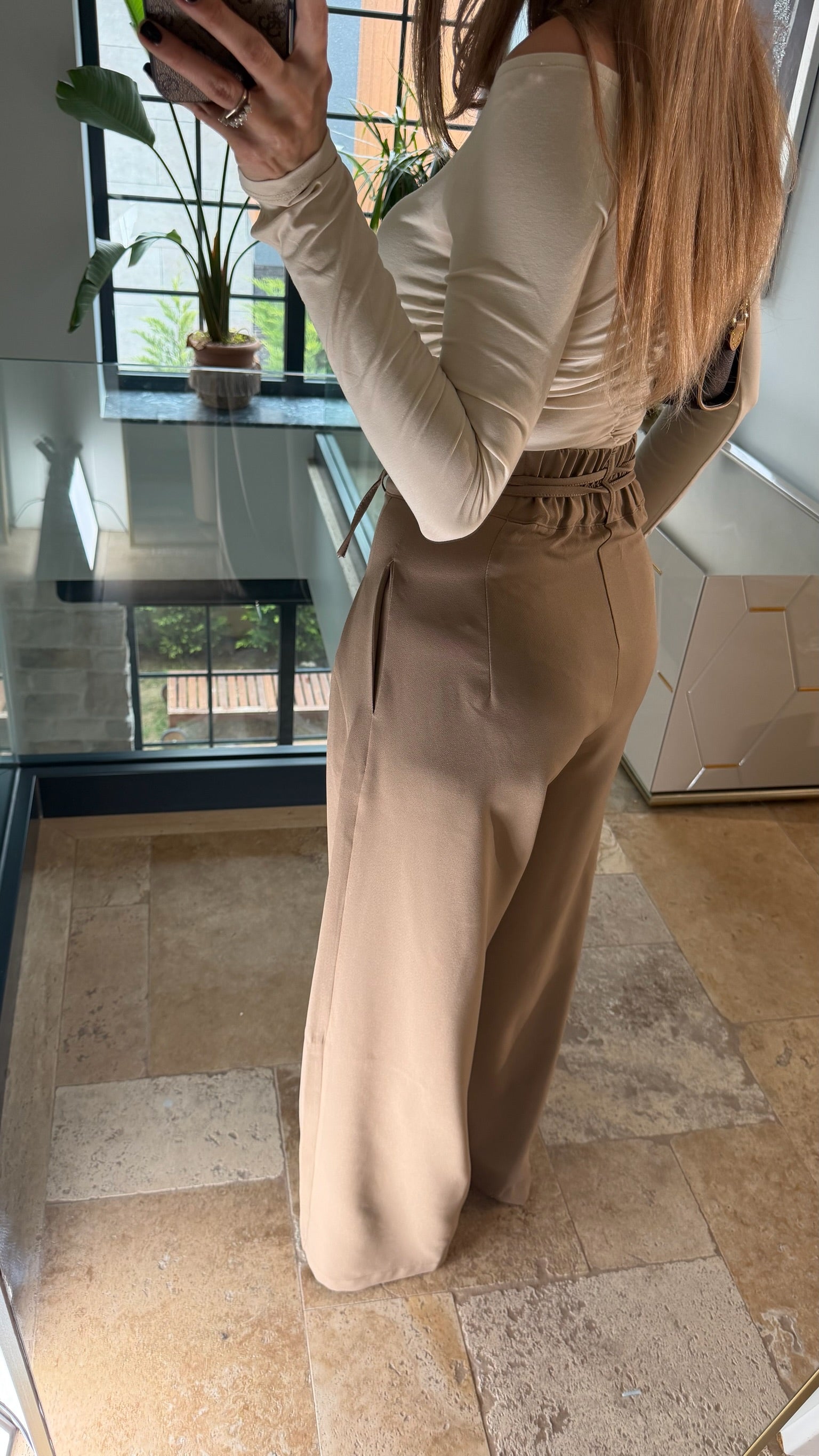 Çift Bağcıklı Kemerli Palazzo Pantolon Bej