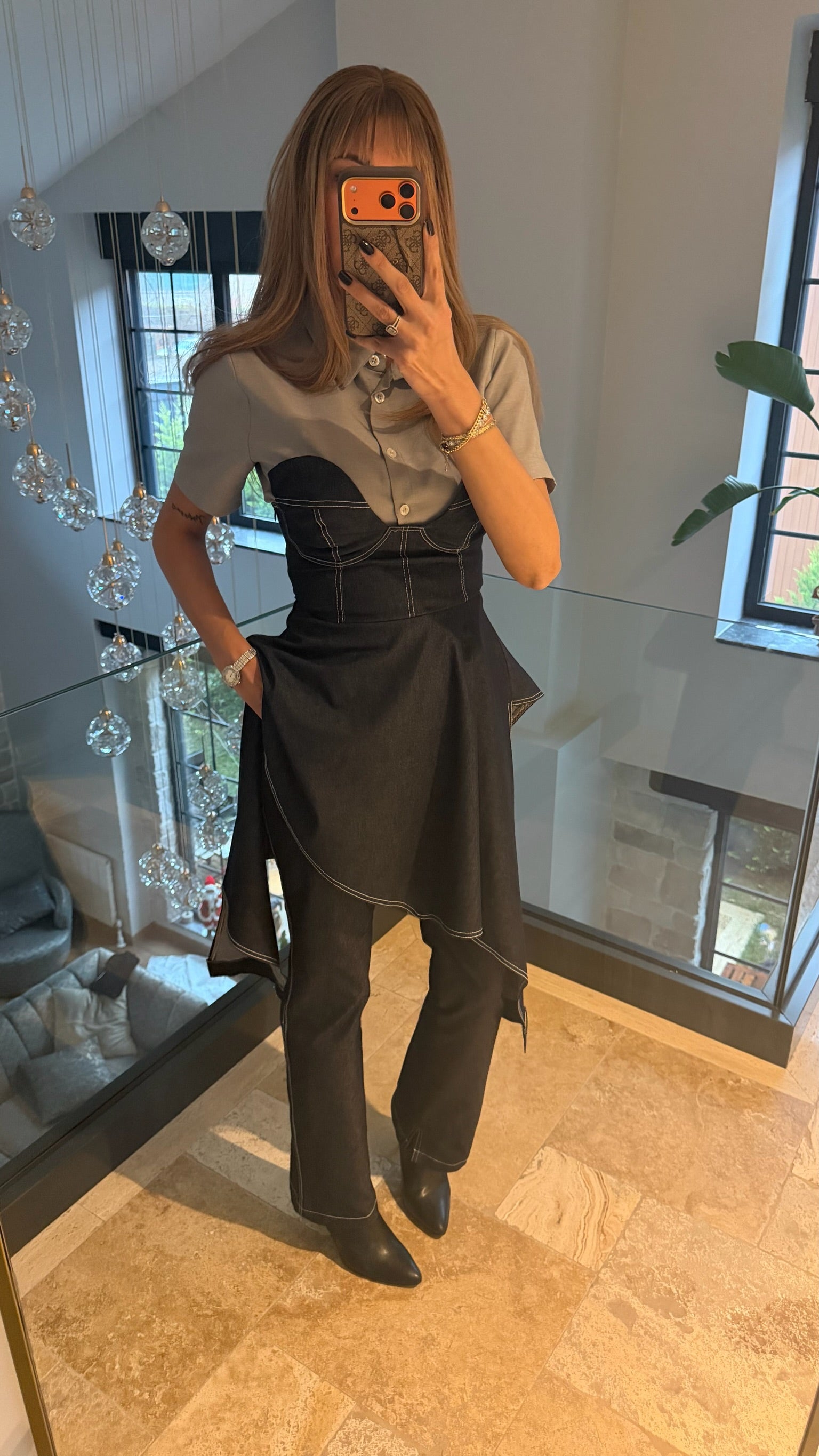 Asimetrik Kesimli Kot Büstiyer Pantolon Gömlek Üçlü Takım Siyah