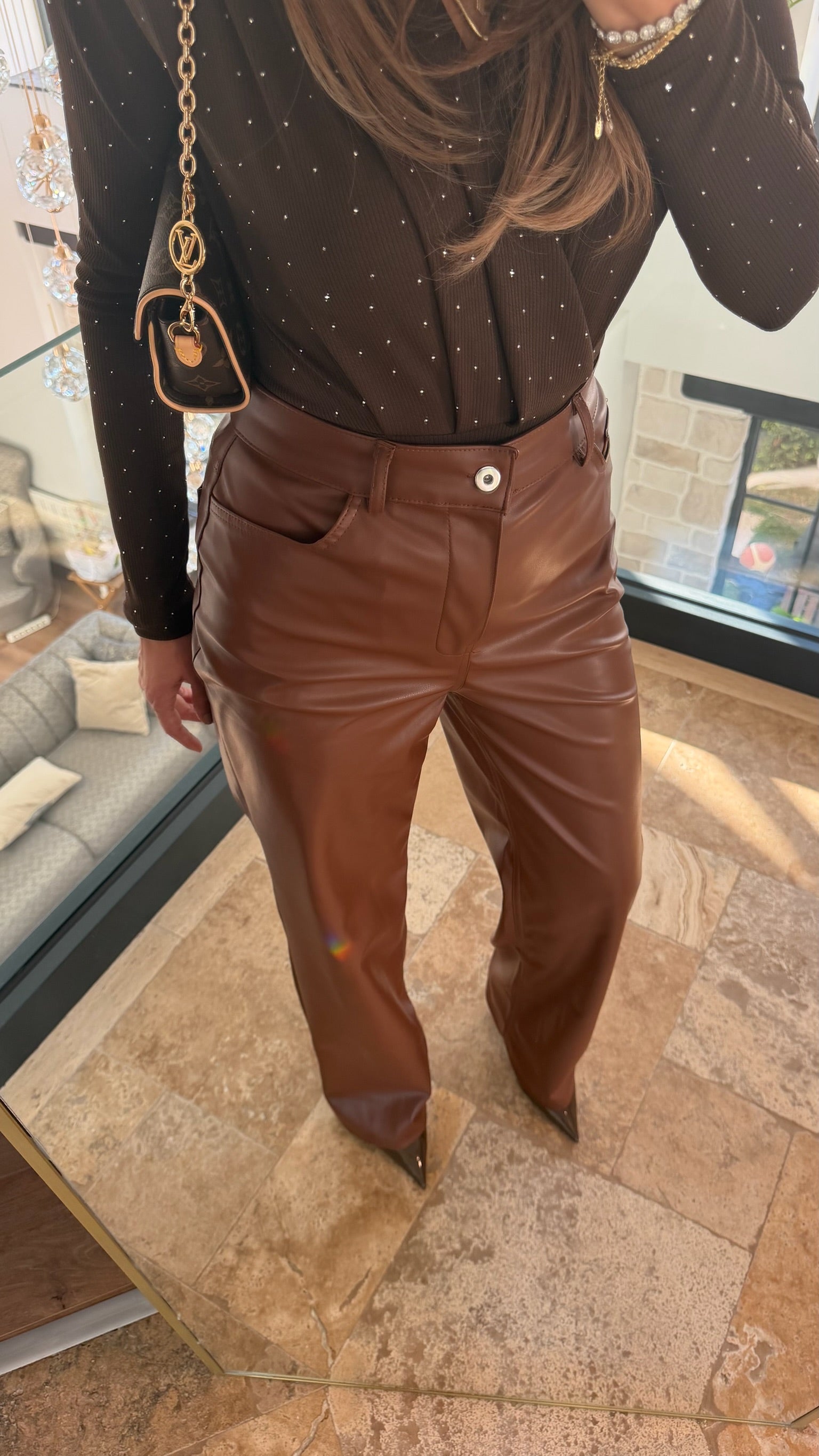 Kahverengi Suni Deri Pantolon