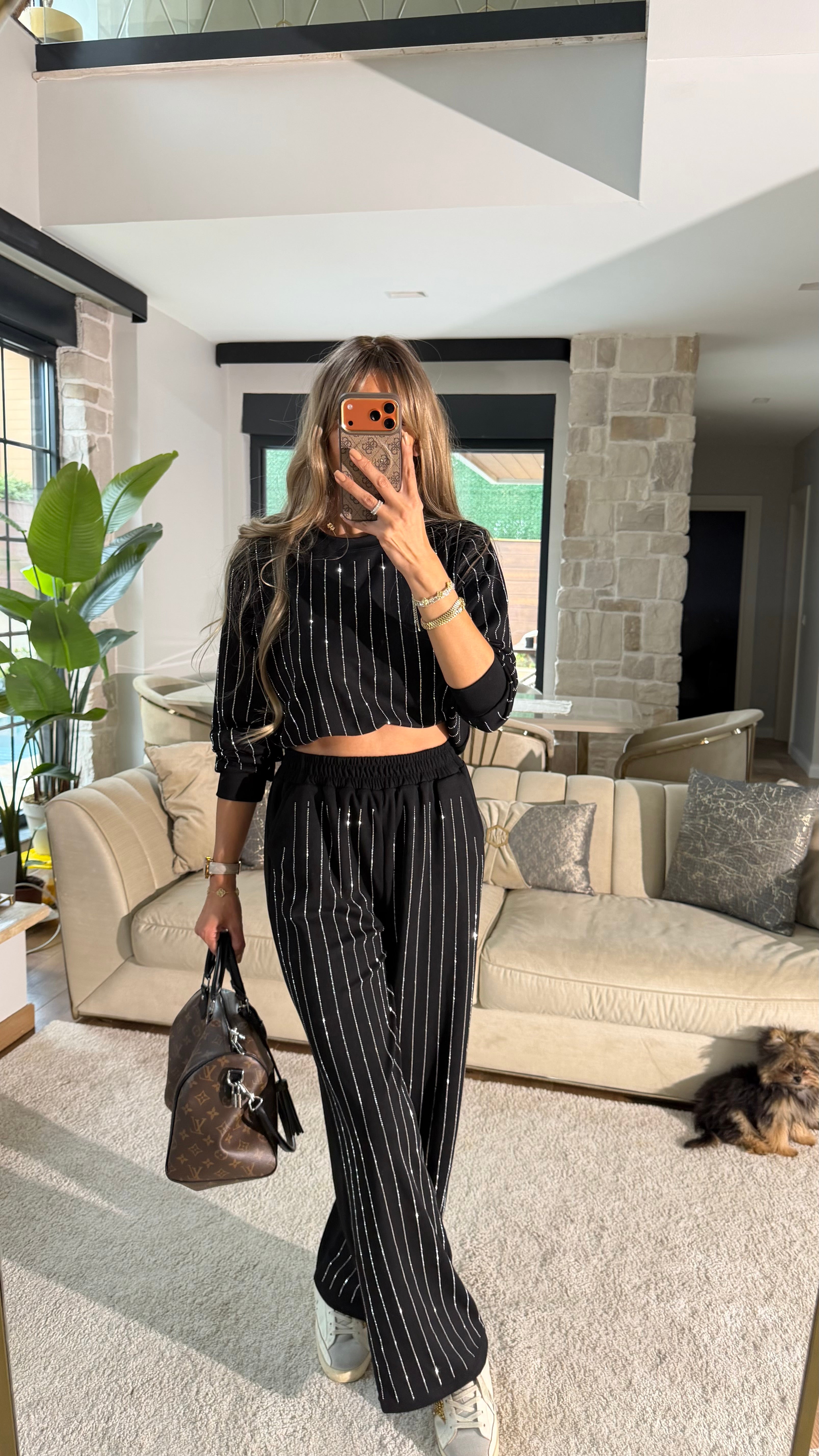 Şerit Taş Detaylı İkili Takım Siyah