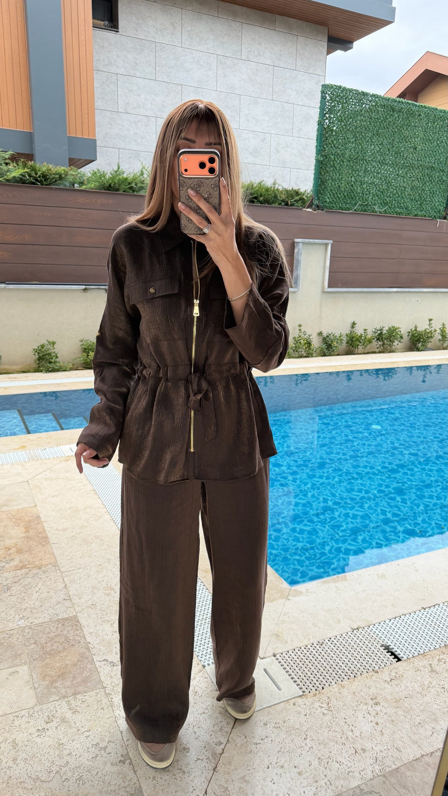 Bel Bağlamalı Fermuarlı Simli Kahverengi Takım