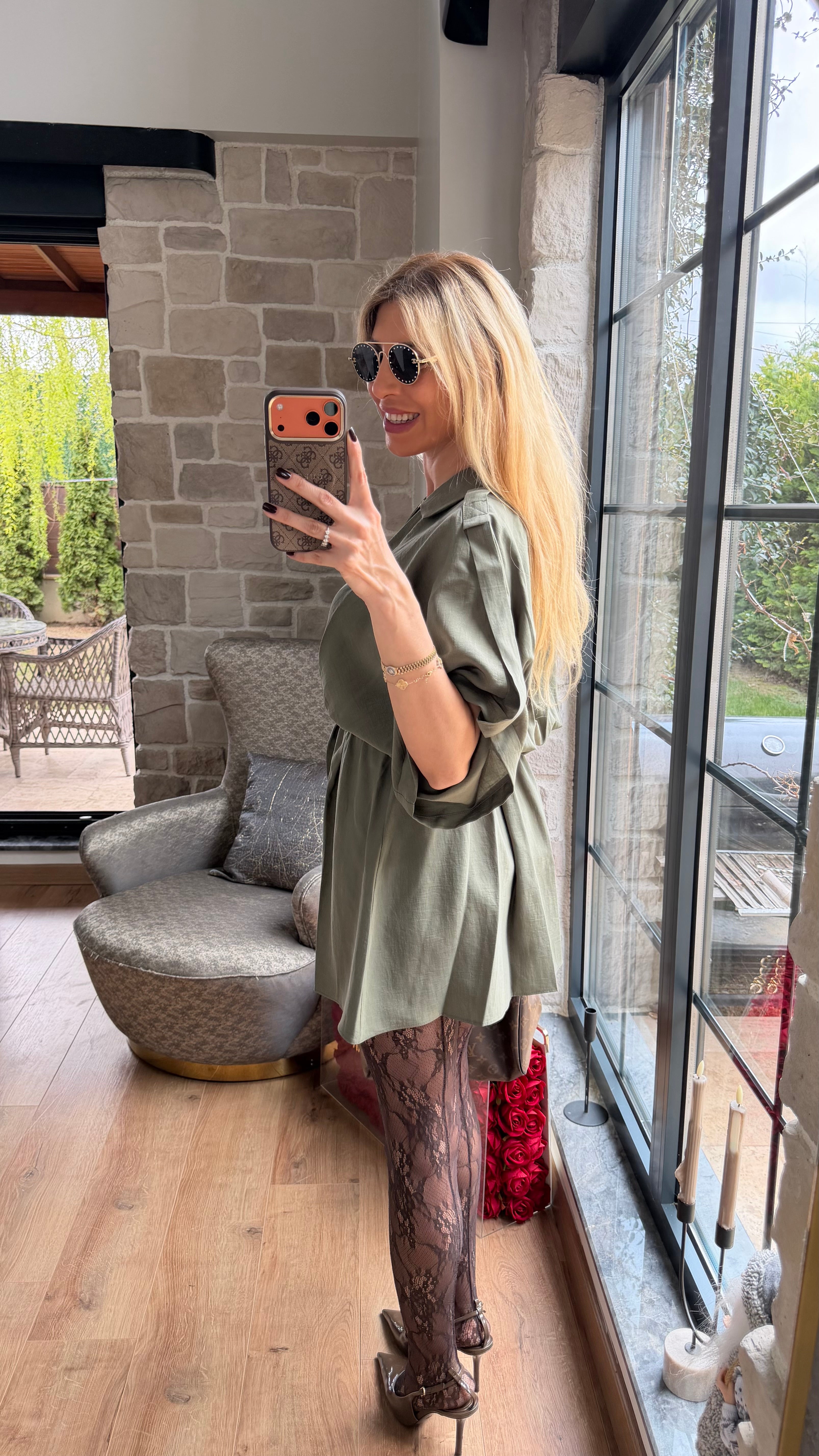 Modal V Yaka Belden Büzgülü Salaş Kesim Mini Elbise Haki