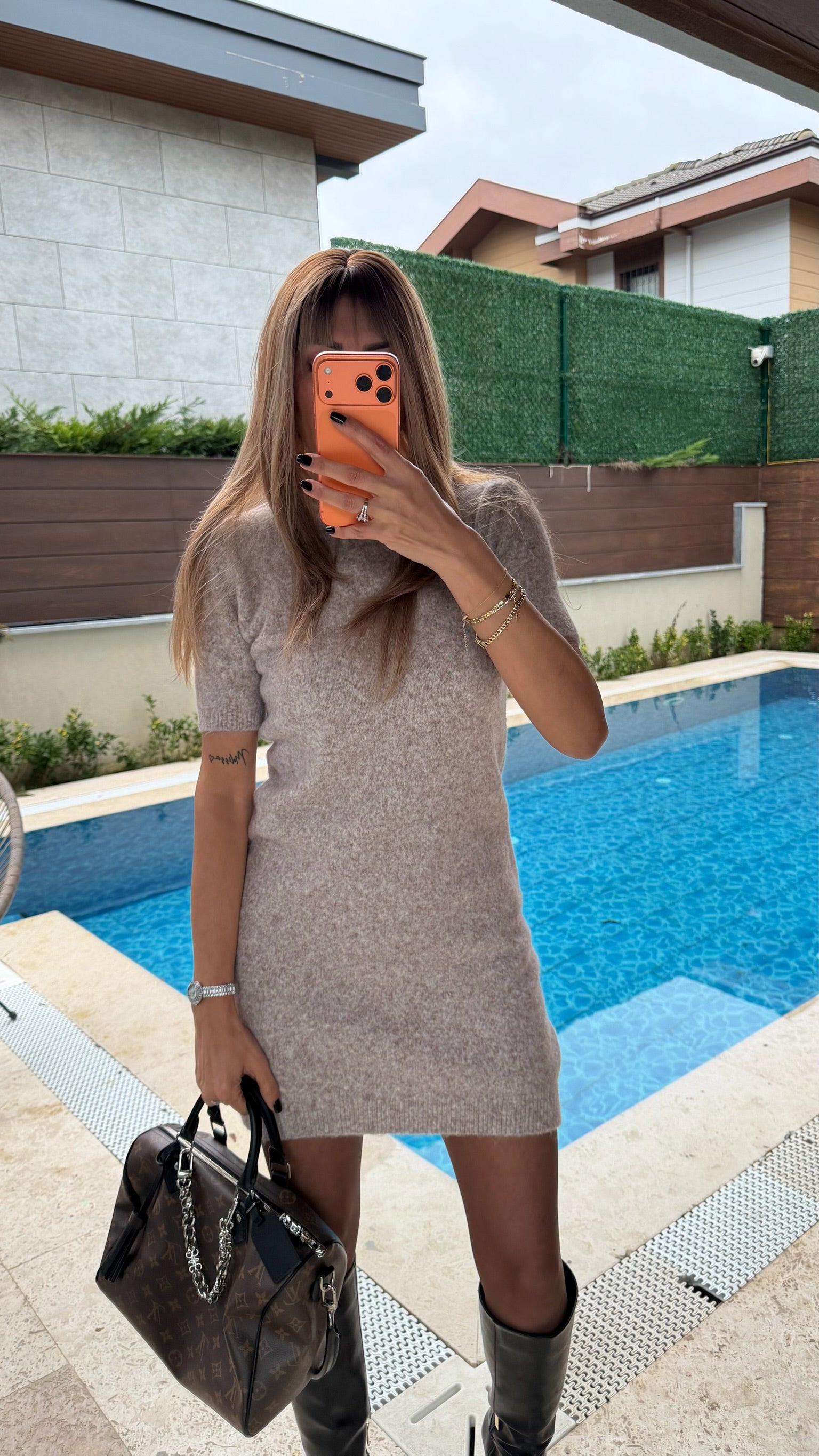 Dilvin Yumoş Triko Elbise Vizon Melanj