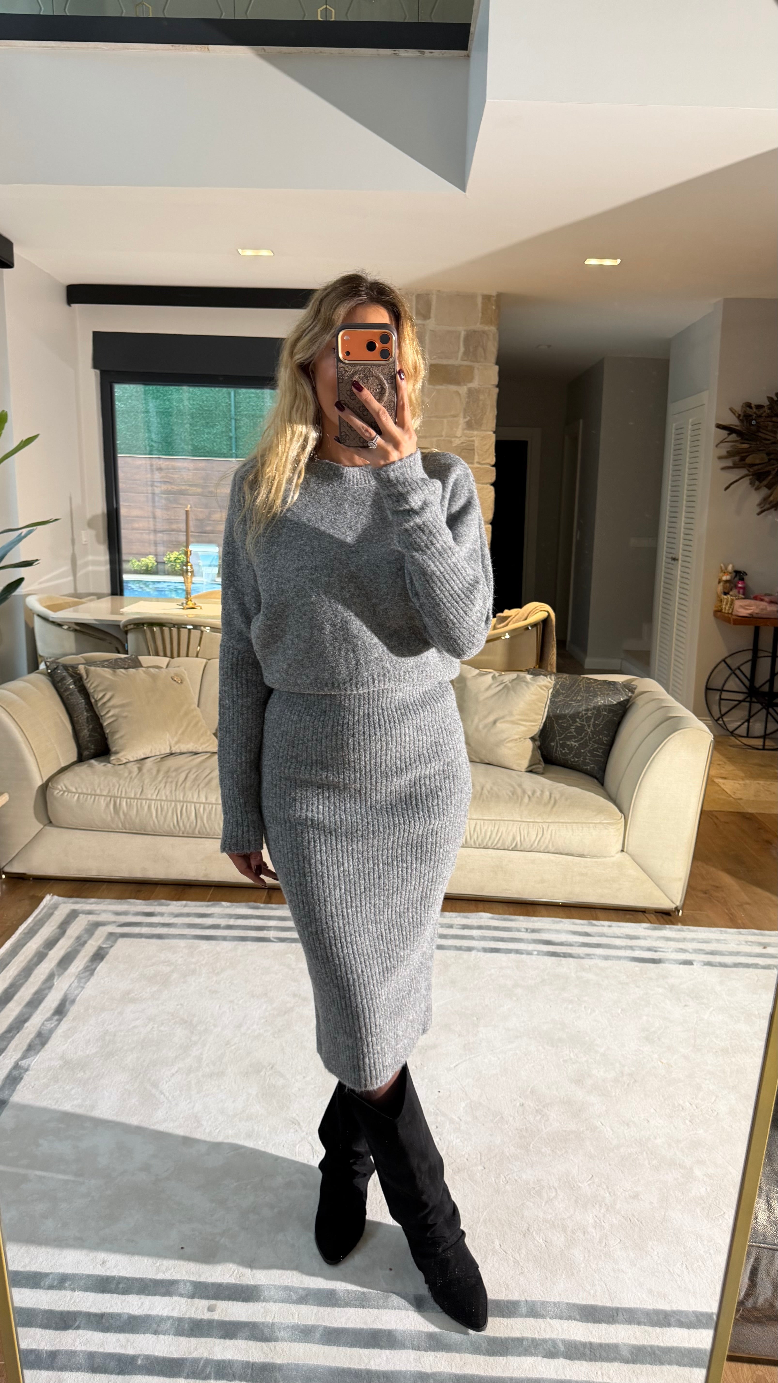 Dilvin Bisiklet Yaka Premium Triko Elbise Gri