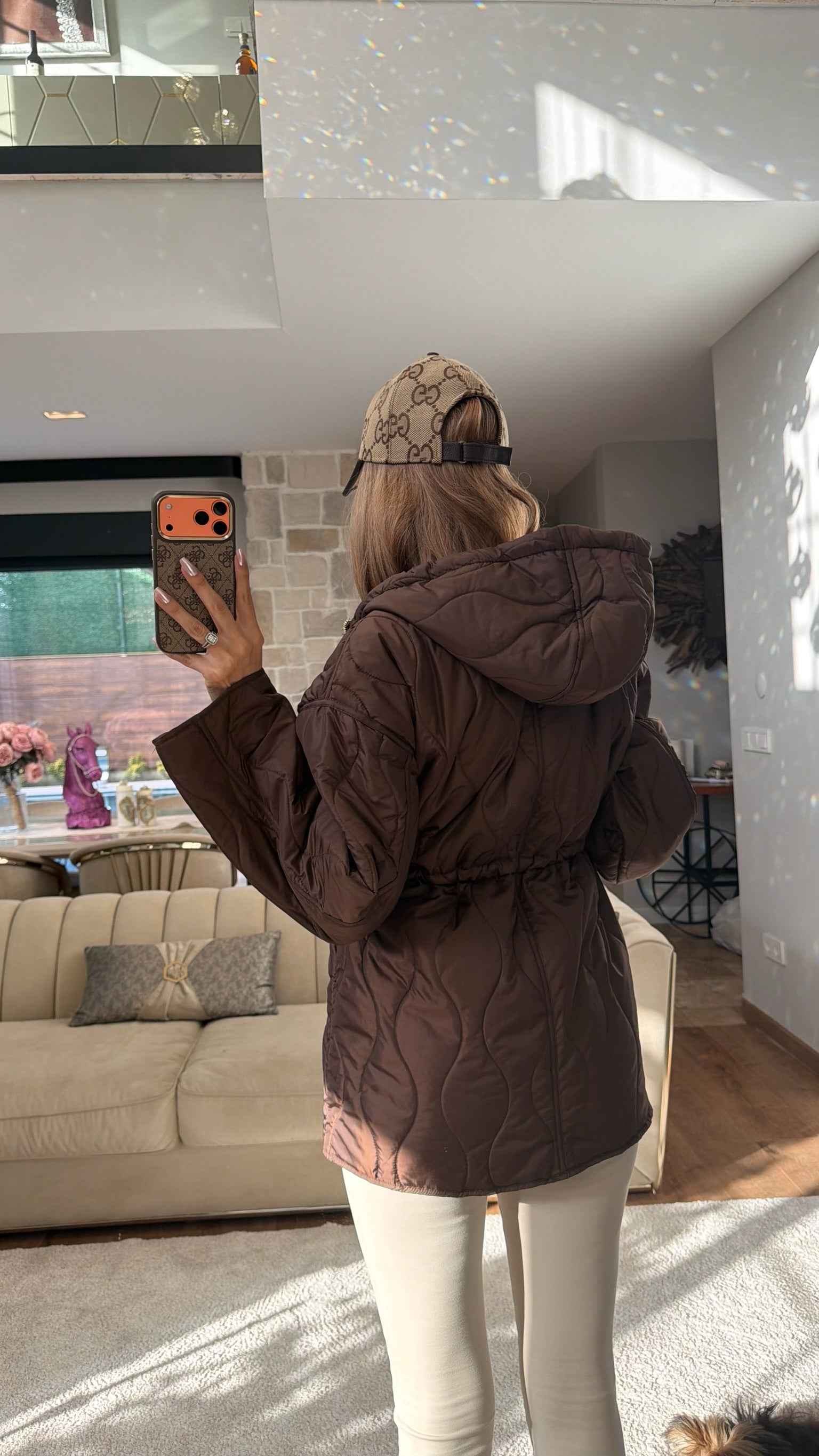 Baklava Desenli Kapüşonlu Şişme Mont Acı Kahve