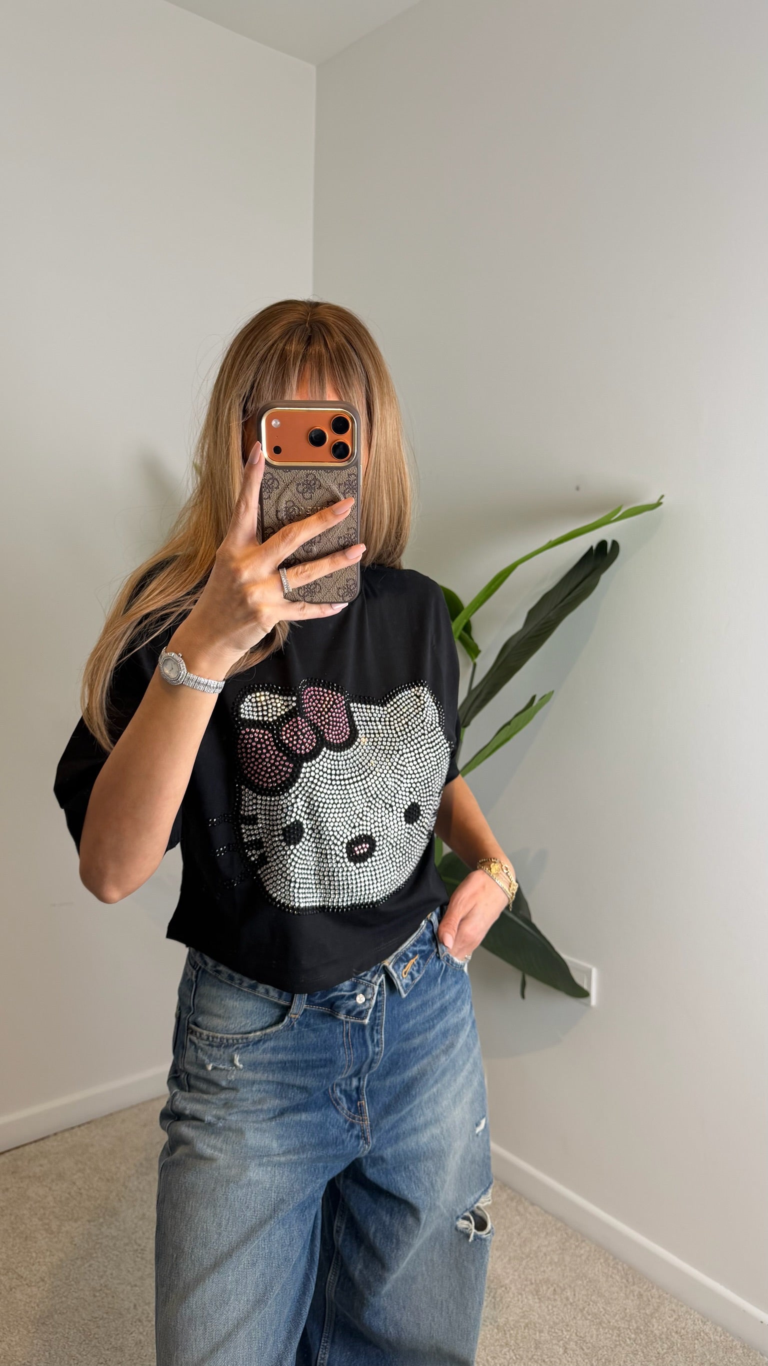Hello Kitty Taş Detaylı Crop Tişört Siyah
