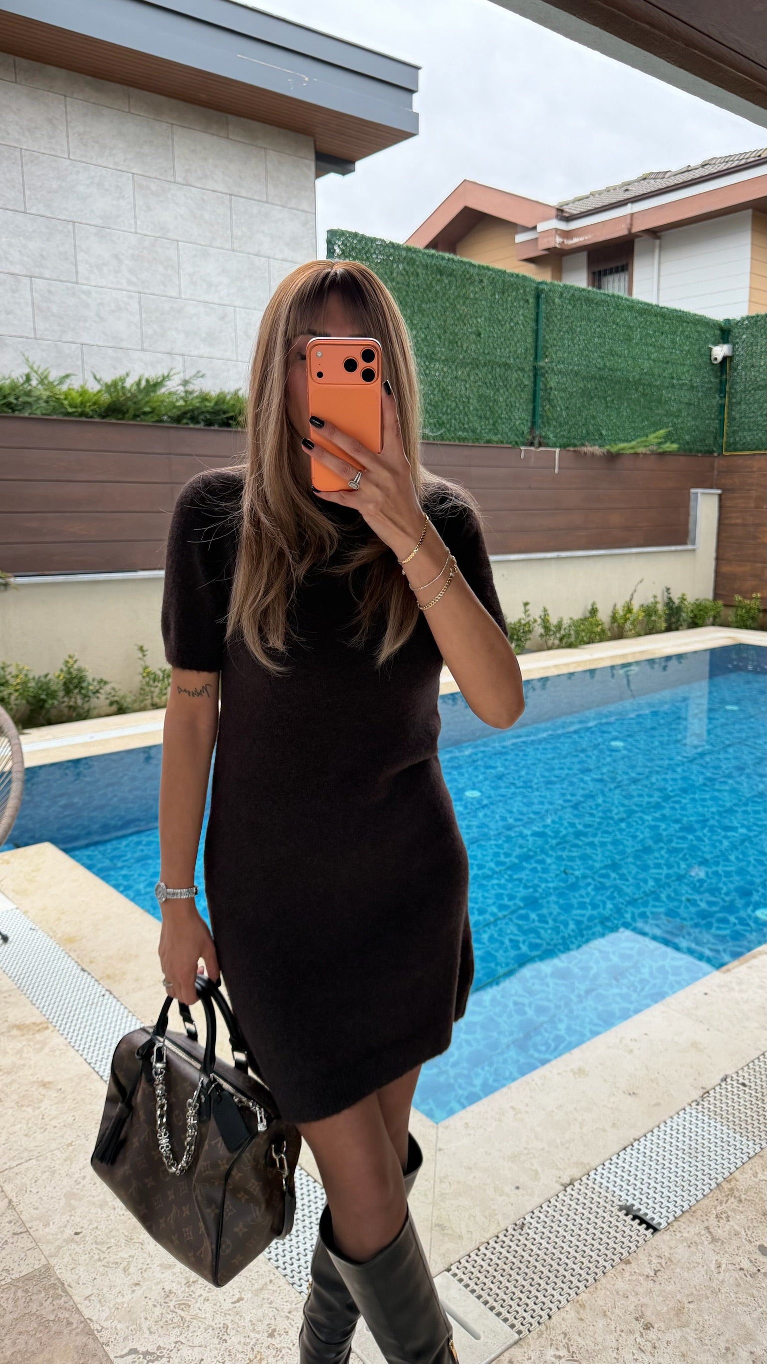 Dilvin Yumoş Triko Elbise Koyu Kahve