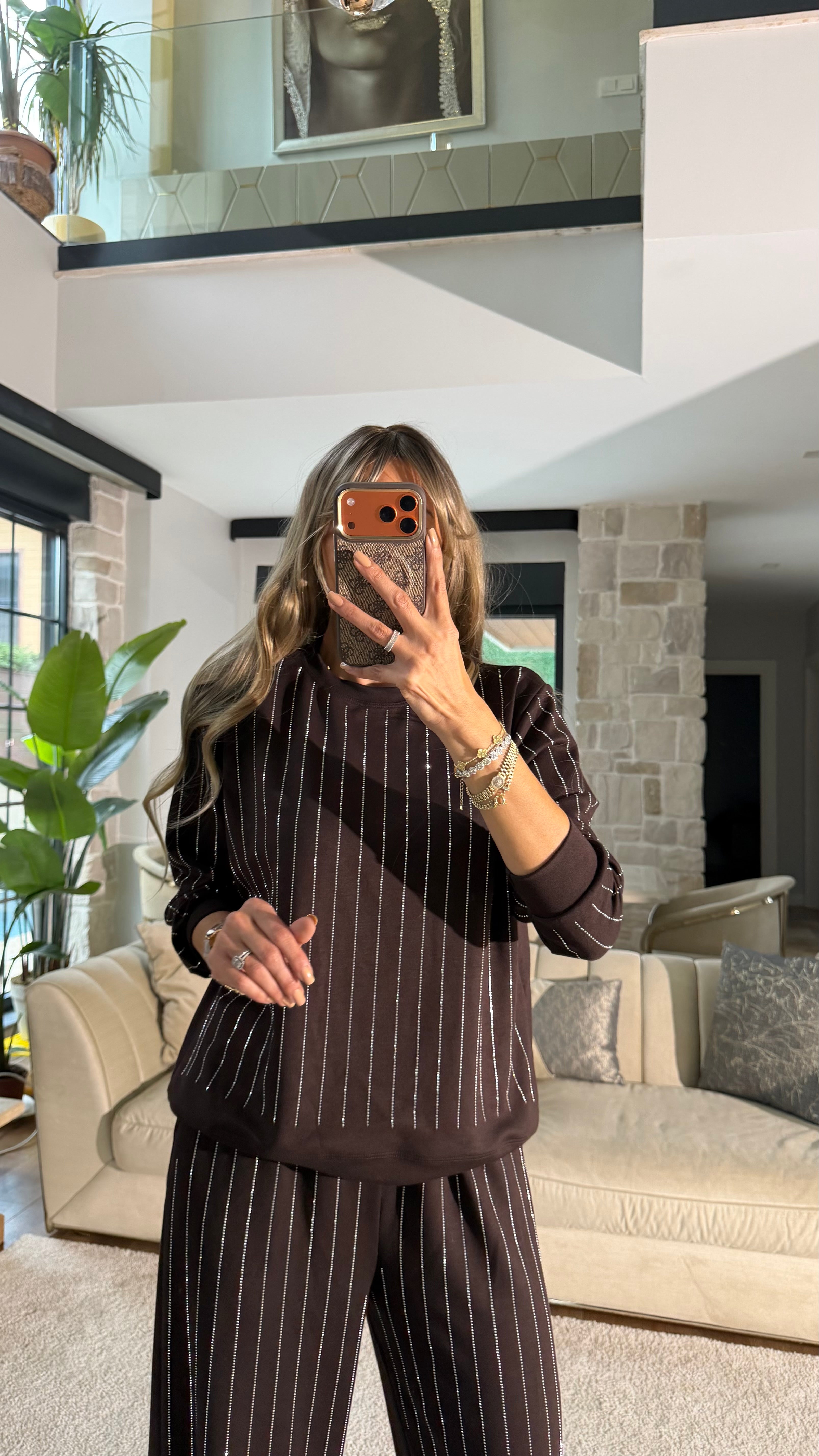 Şerit Taş Detaylı İkili Takım Acı Kahve