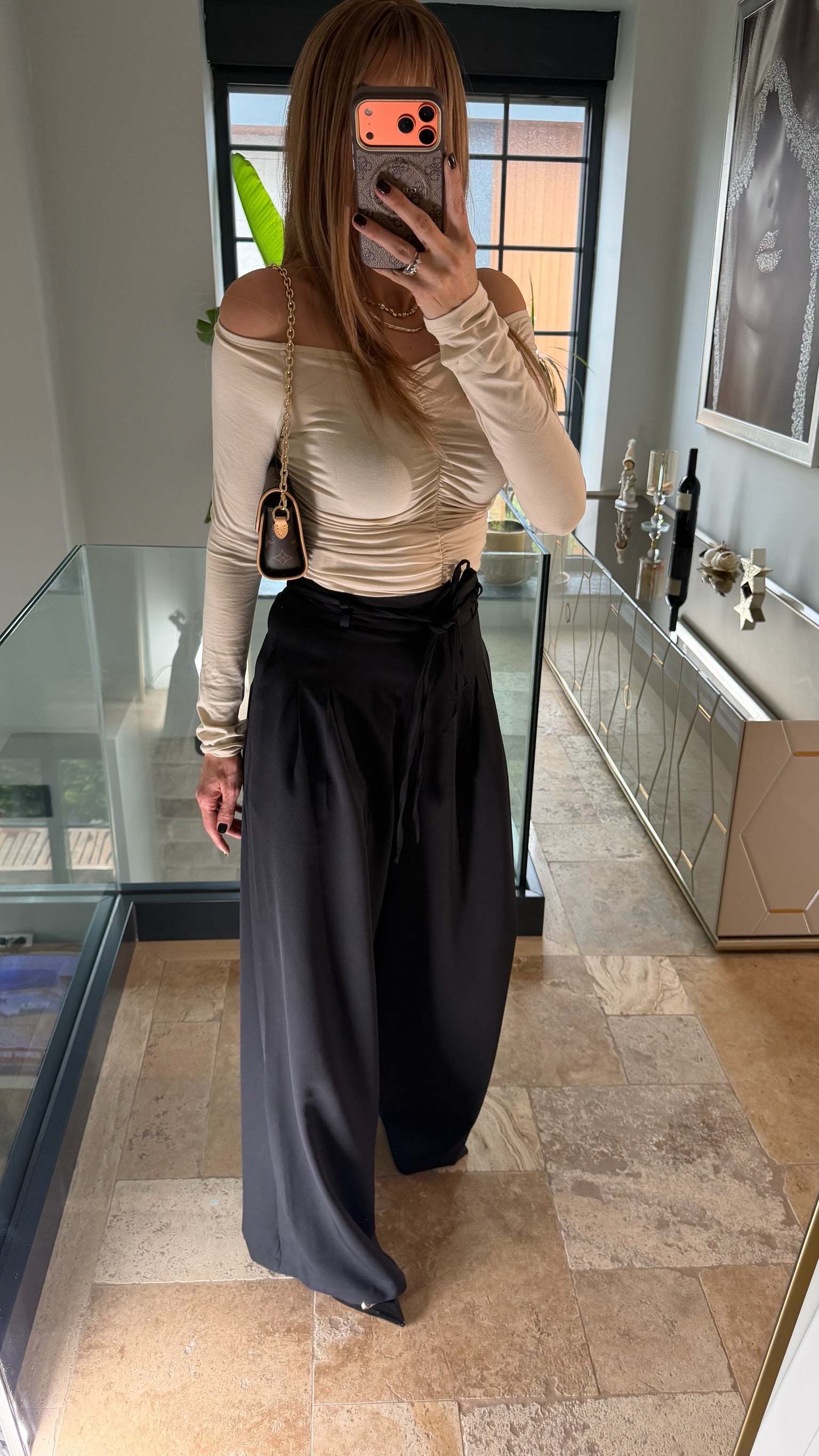 Çift Bağcıklı Kemerli Palazzo Pantolon Siyah