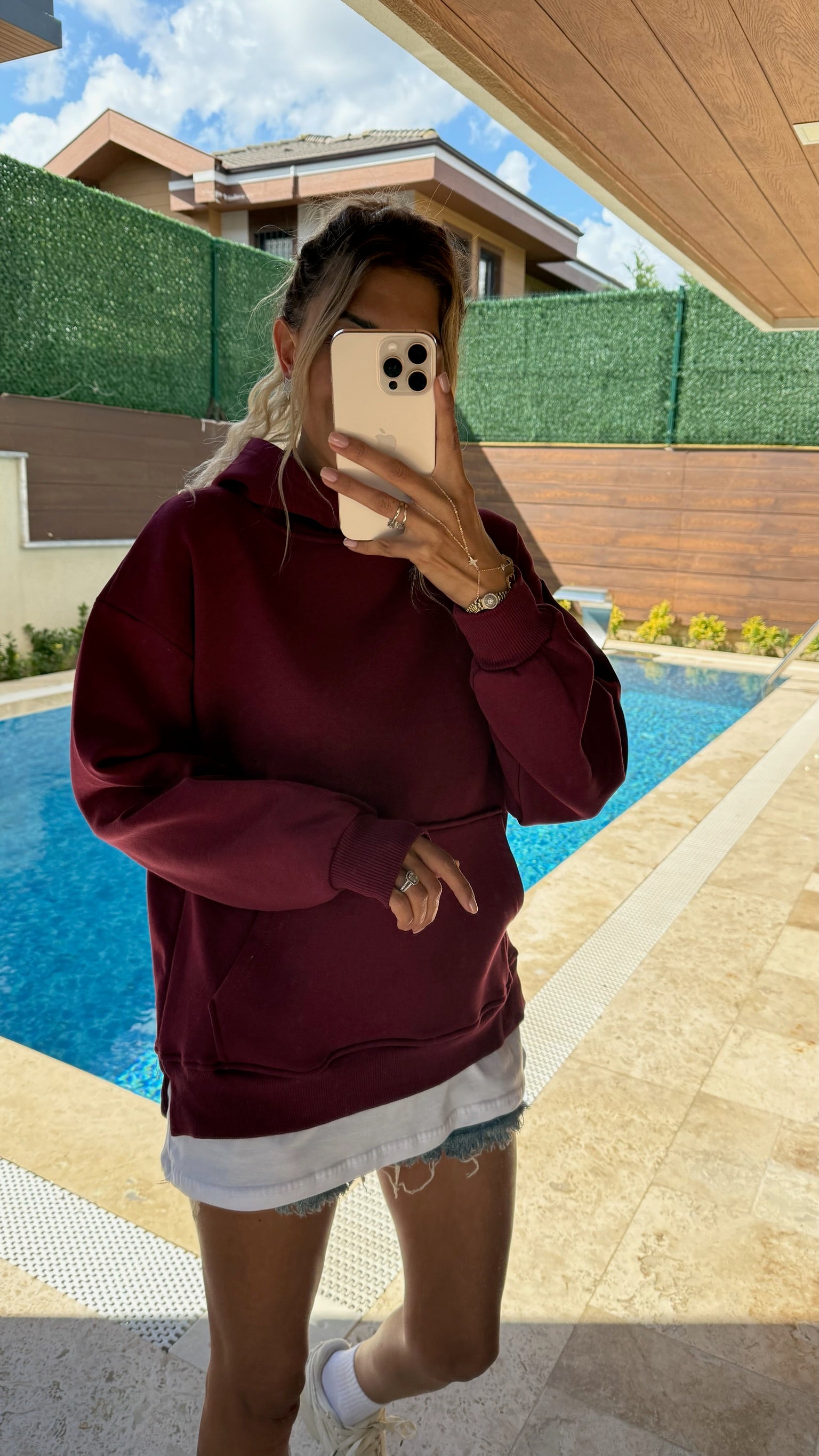 Tişört Detaylı Kapüşonlu Sweatshirt Bordo