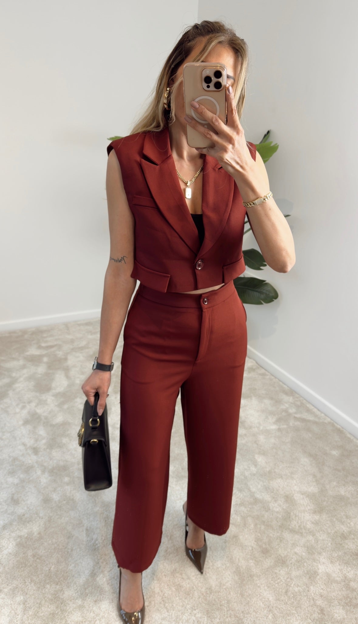 Hery Crop Ceket Pantolon Takım Bordo
