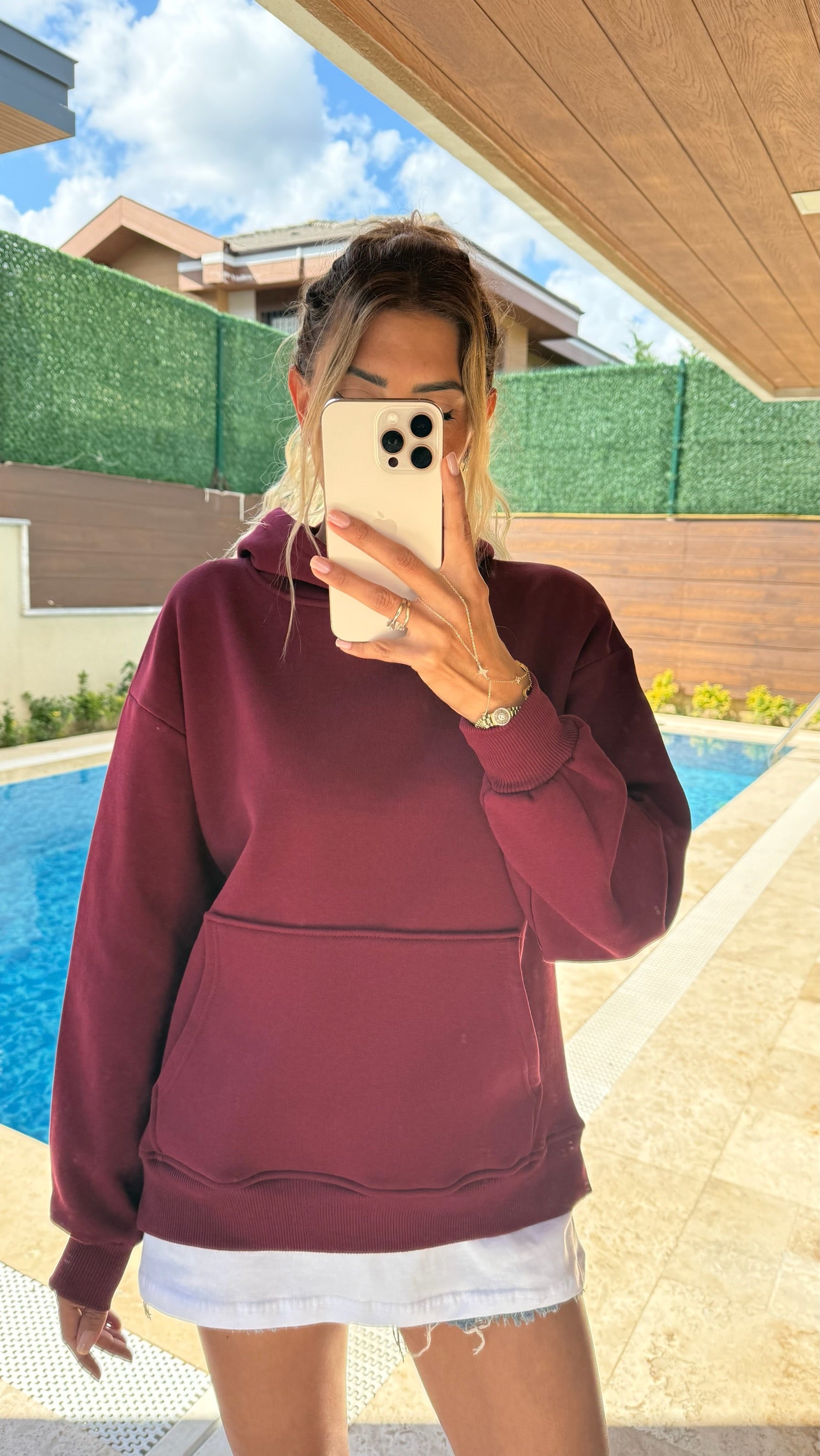 Tişört Detaylı Kapüşonlu Sweatshirt Bordo