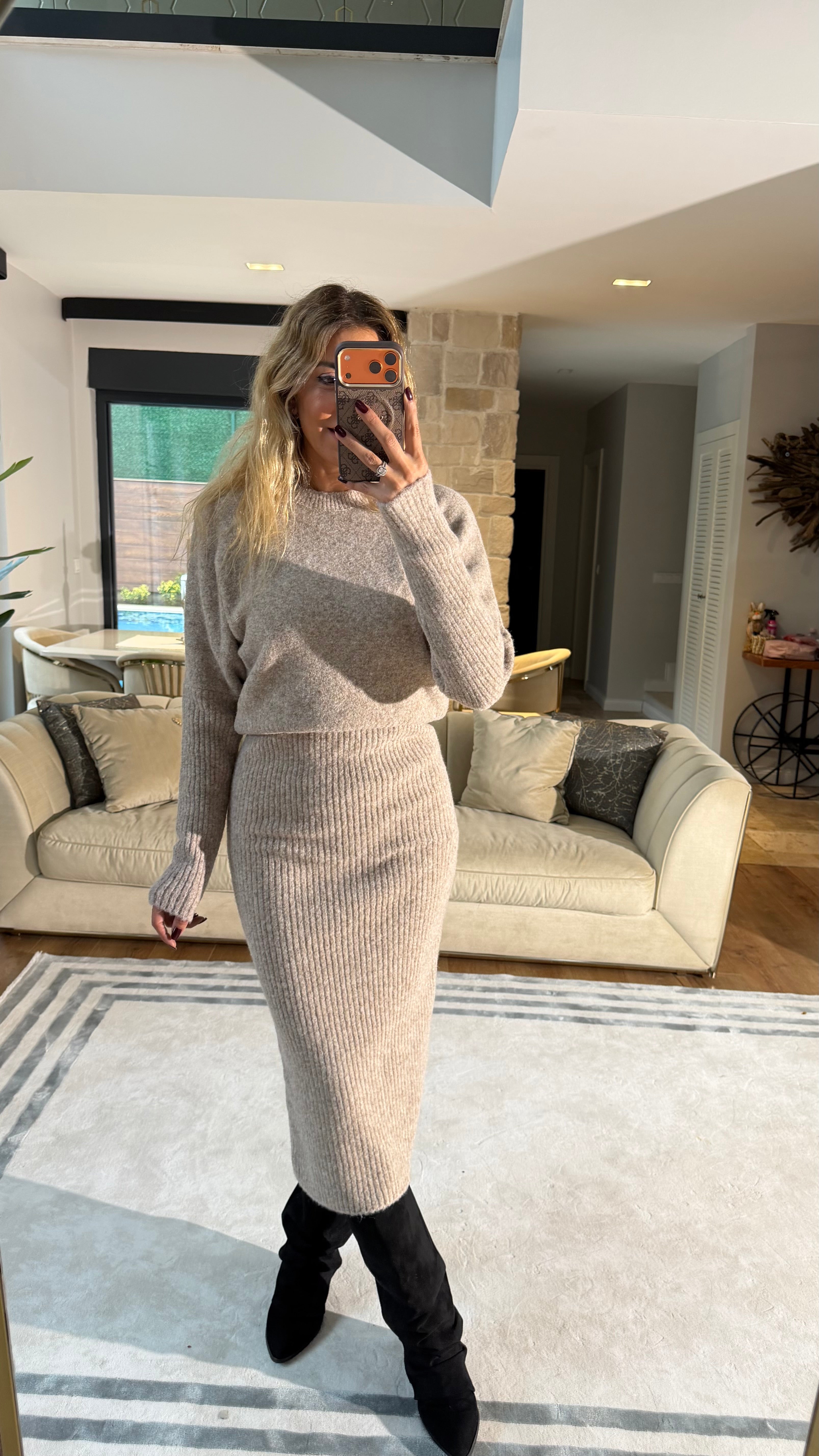 Dilvin Bisiklet Yaka Premium Elbise Bej