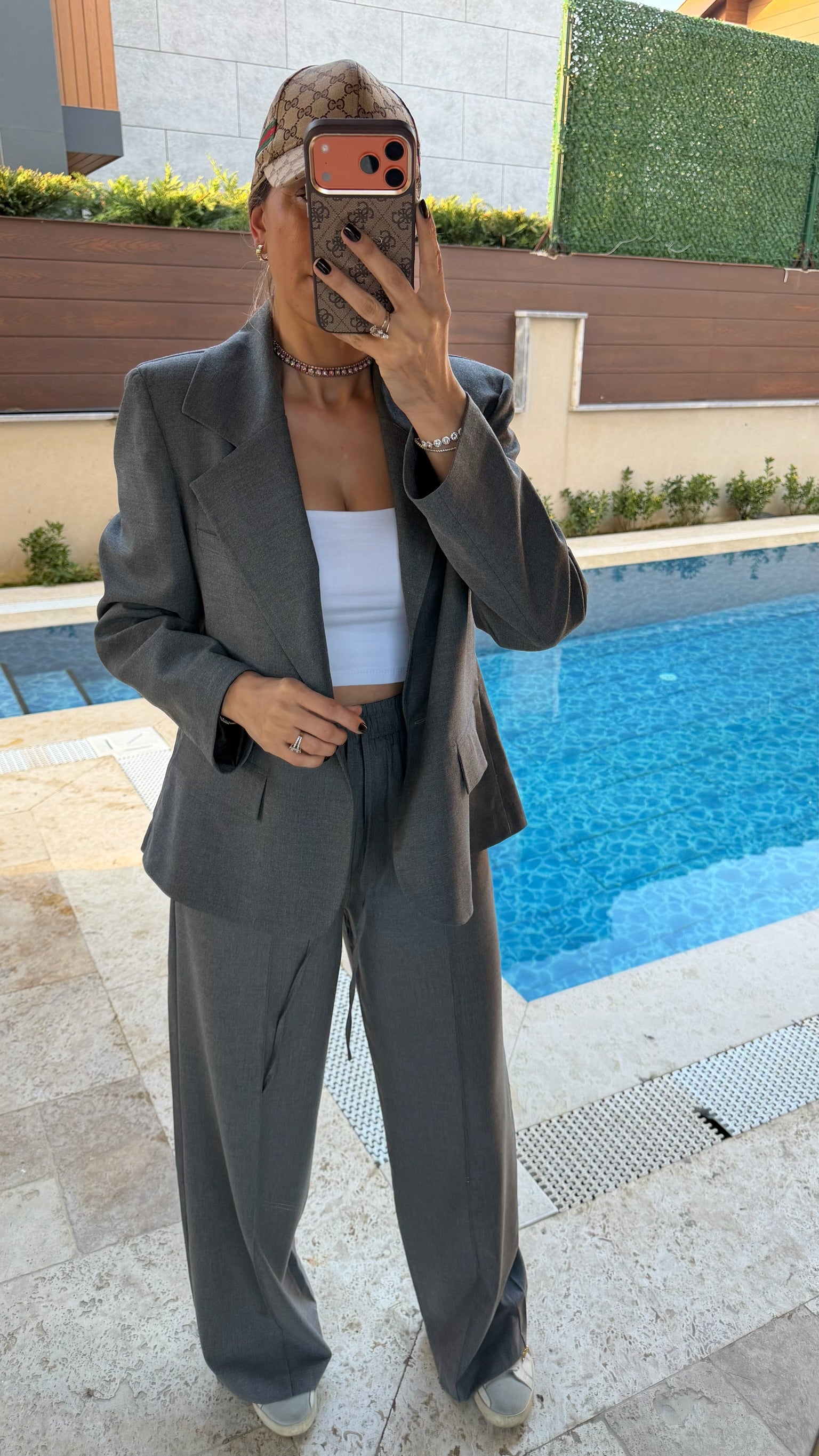 Gömlek Detaylı Açık Arkalı Blazer Ceket Pantolon Takım Antrasit