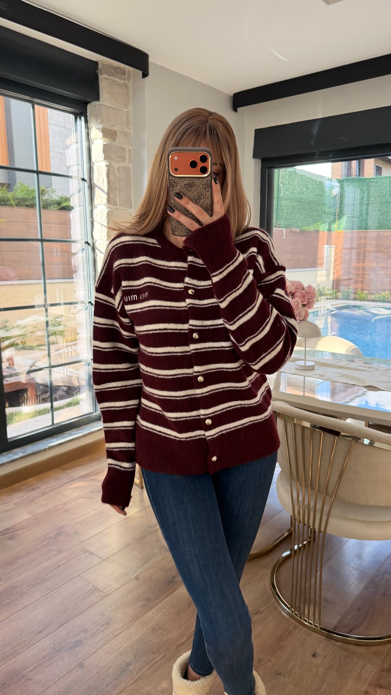 MM Yumoş Gold Düğmeli Şeritli Hırka Bordo