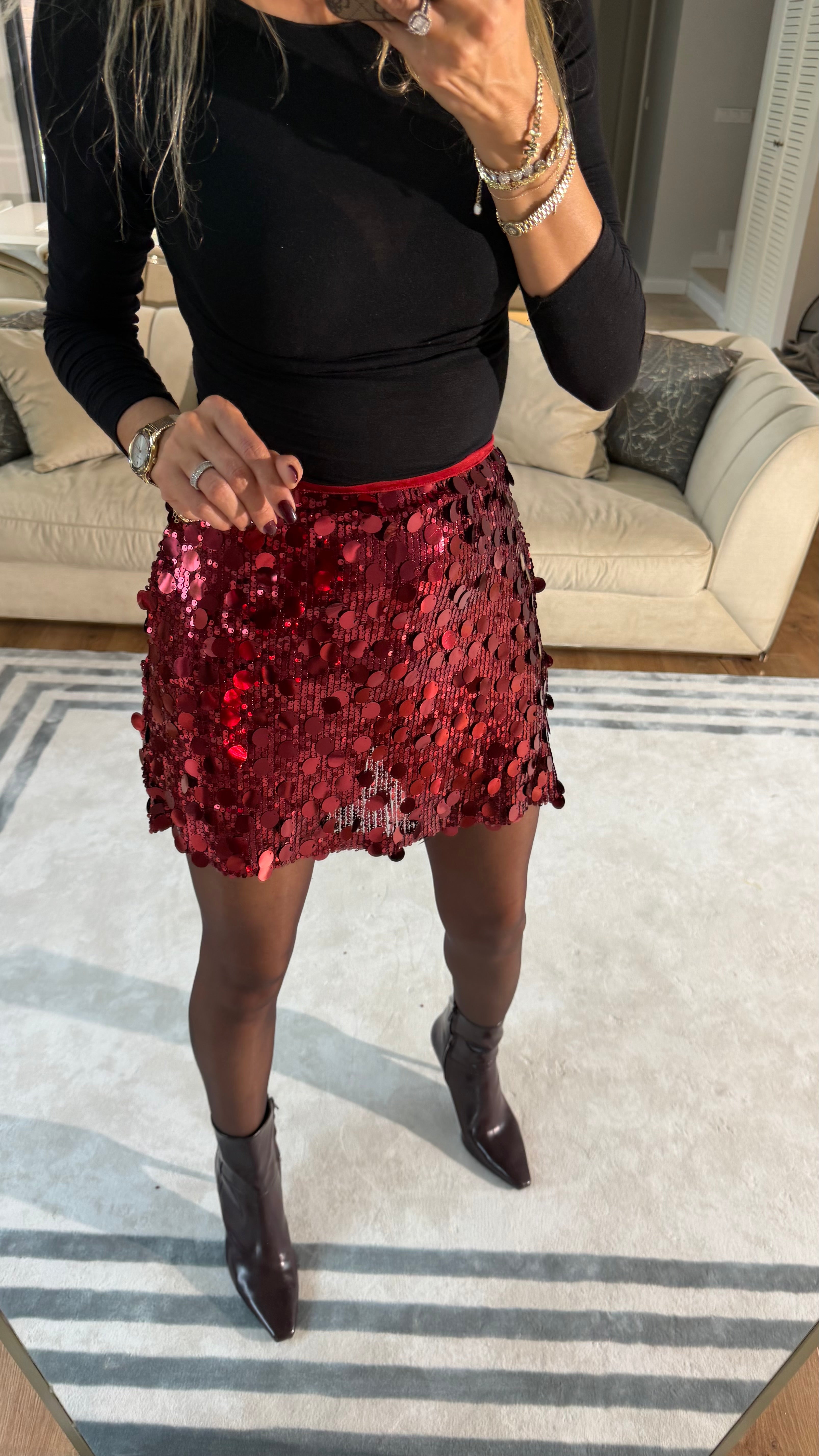 Mega Payetli Mini Etek Bordo