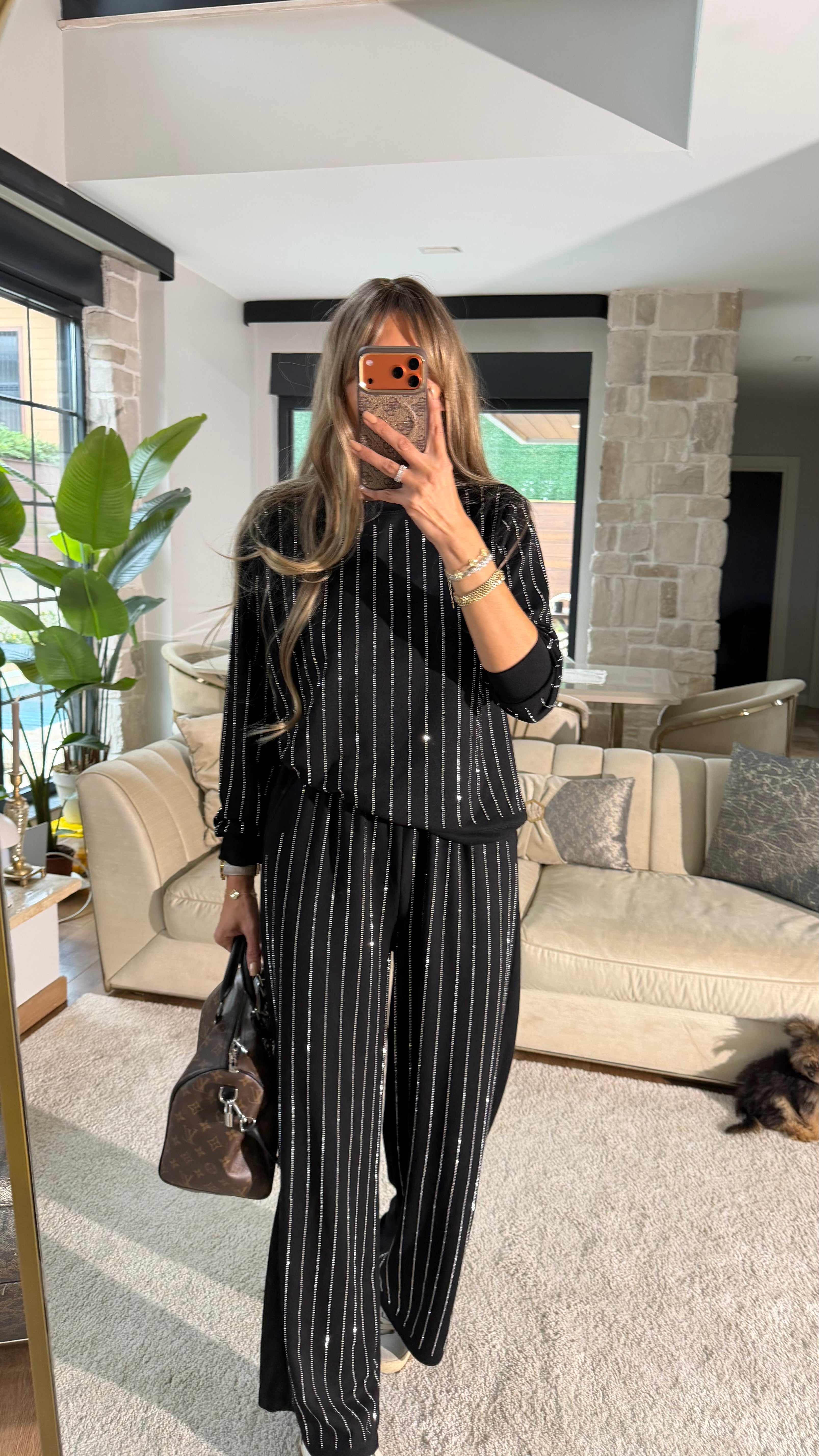 Şerit Taş Detaylı İkili Takım Siyah