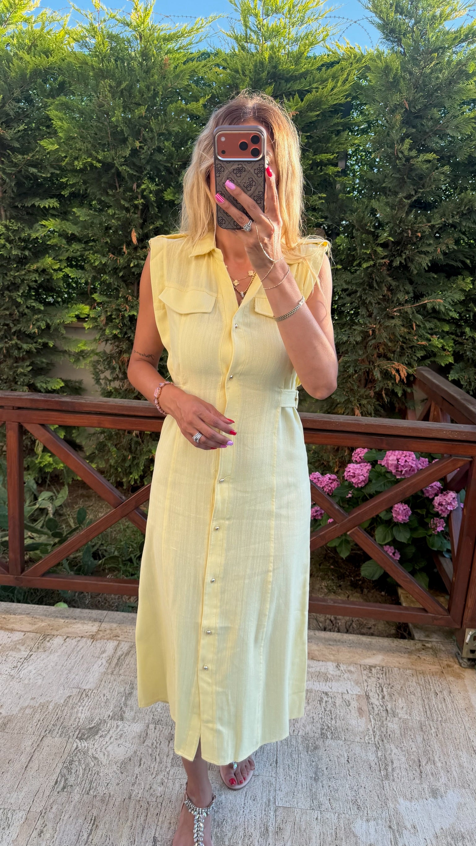 Golden Bloom Bel Detaylı Elbise Sarı