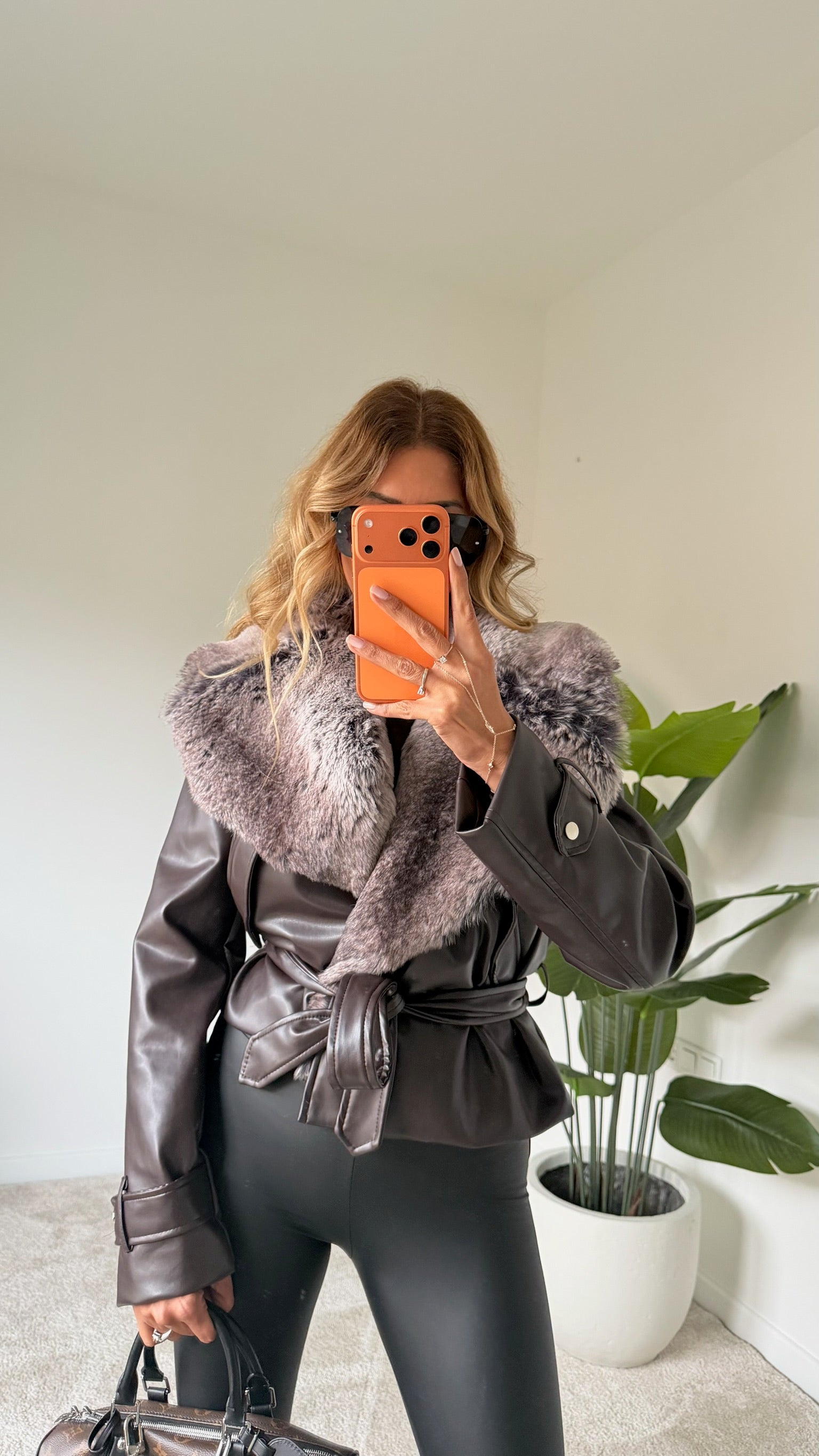 Premium Yakası Kürk Detaylı Deri Ceket Acı Kahve