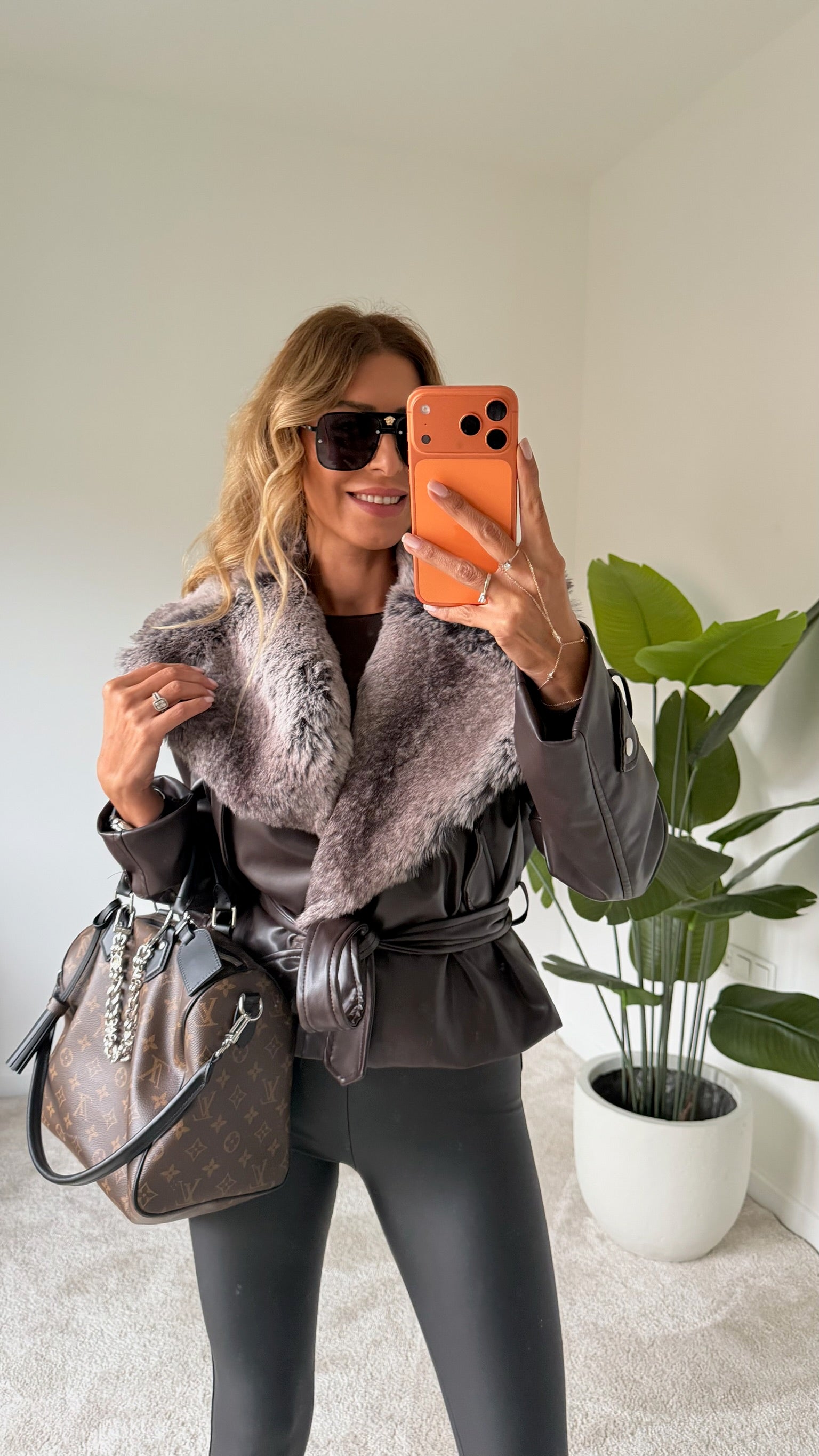 Premium Yakası Kürk Detaylı Deri Ceket Acı Kahve