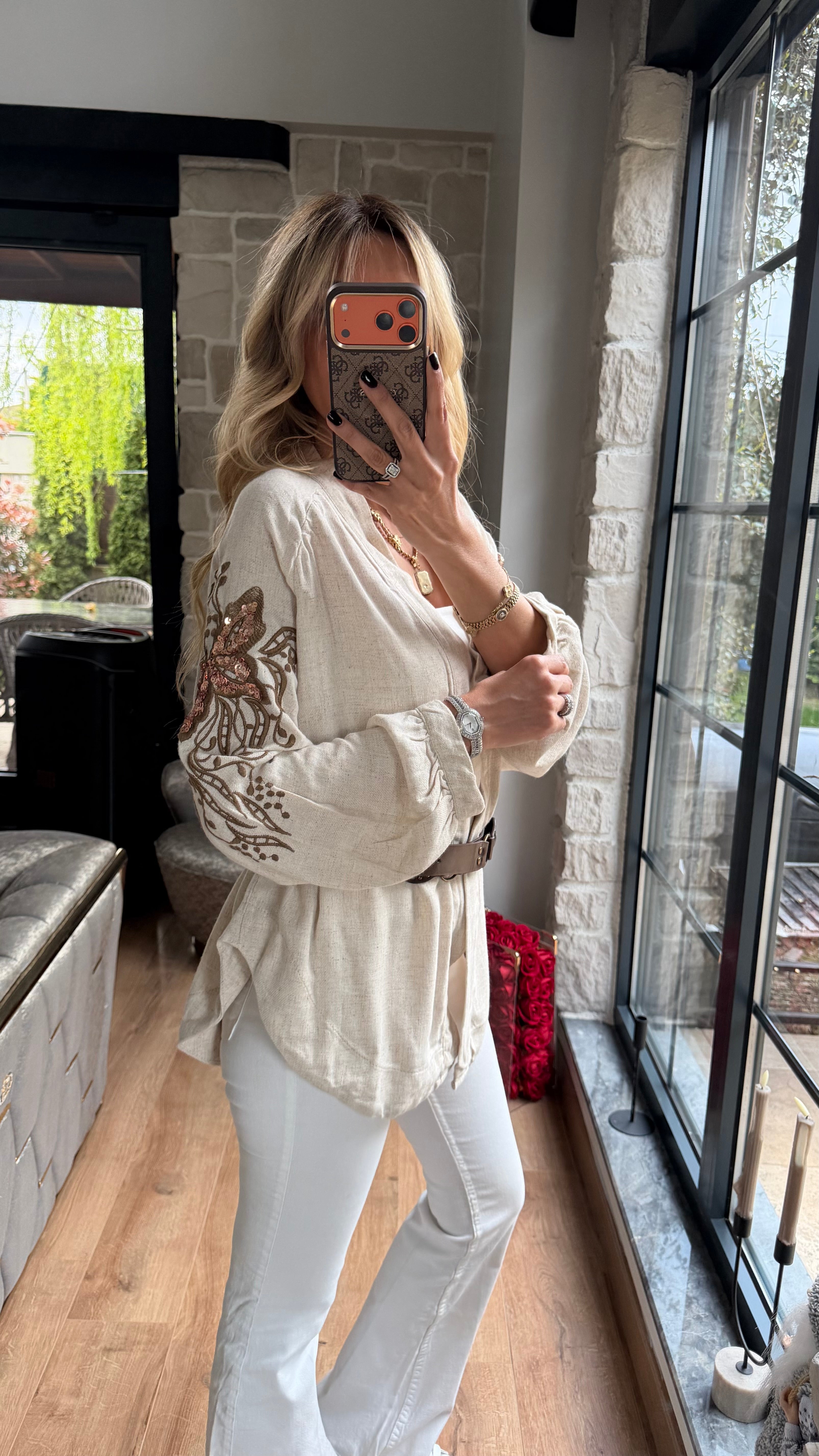 Nakış Detaylı İthal Tasarım Kimona Bej