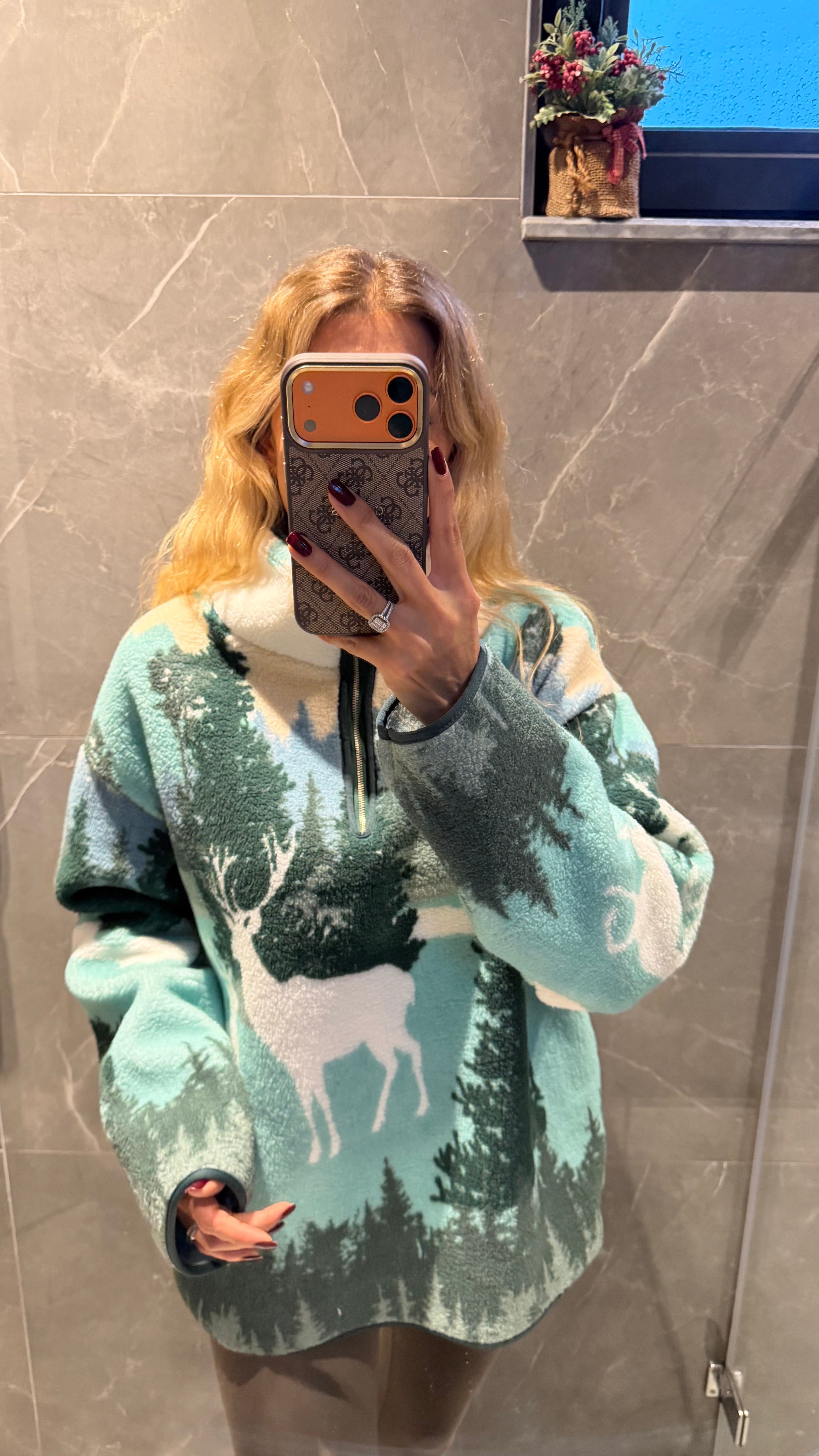 YEŞİL YARIM FERMUARLI OVERSİZE PELUŞ SWEATSHİRT