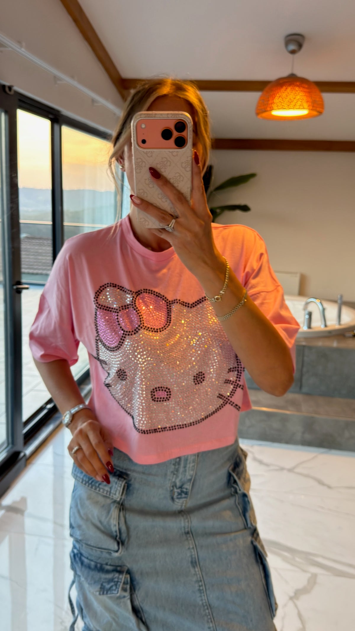 Pink Shine Taşlı Crop Tişört