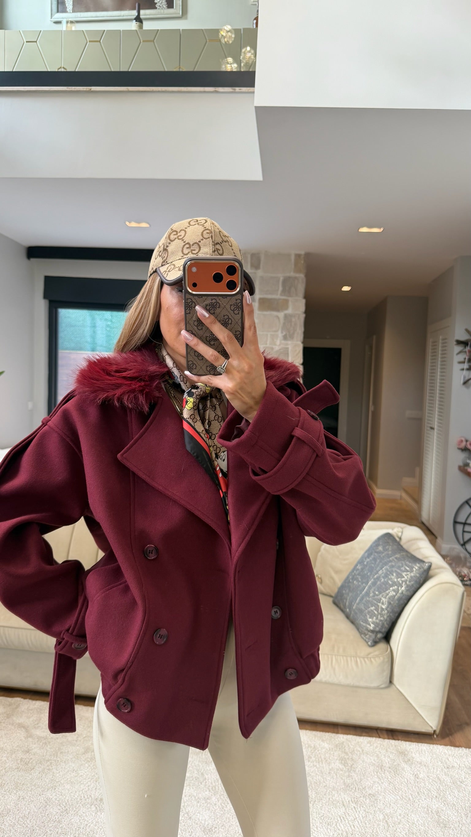 Kürk Yaka Kısa Kaşe Bordo