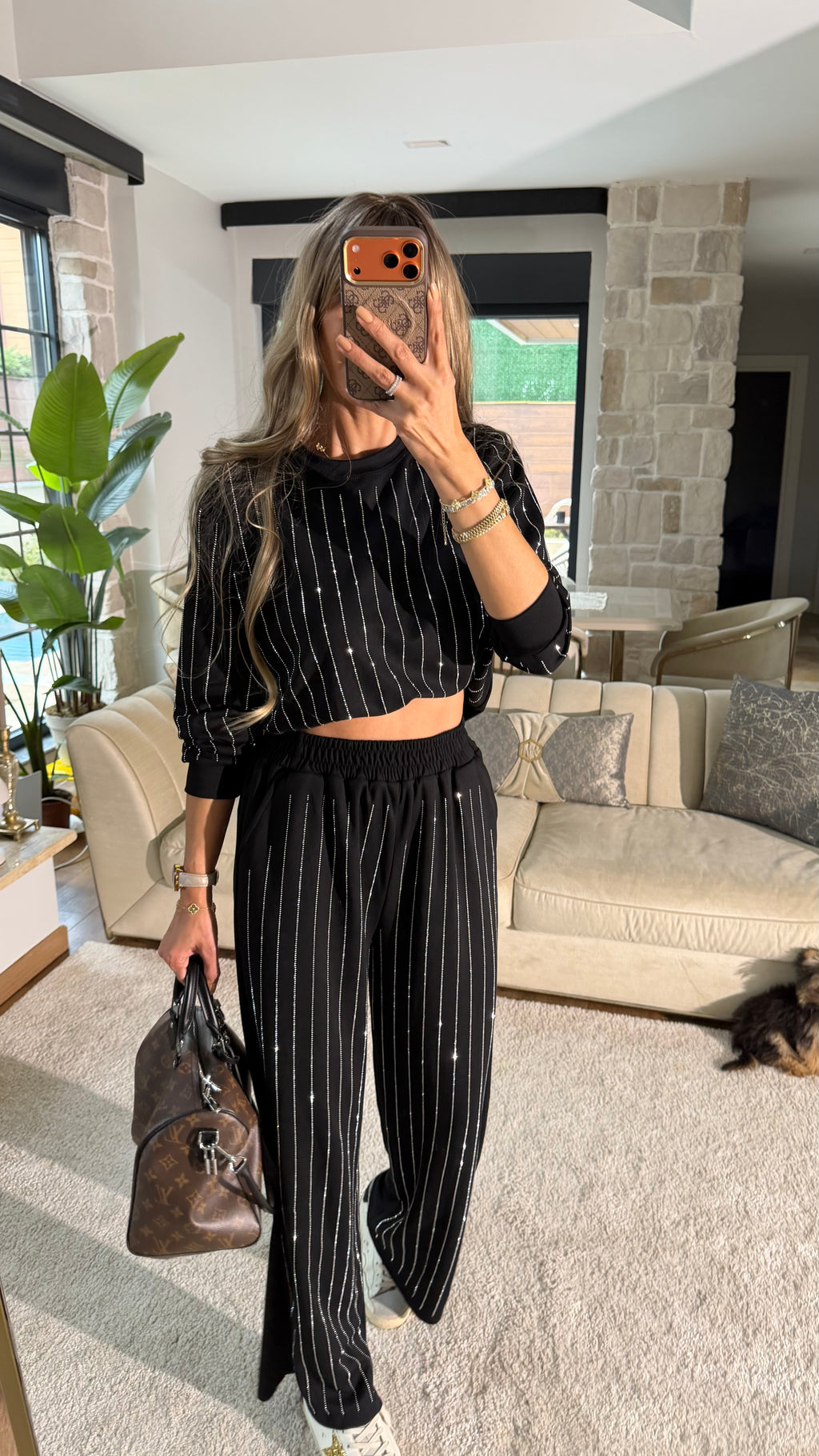 Şerit Taş Detaylı İkili Takım Siyah