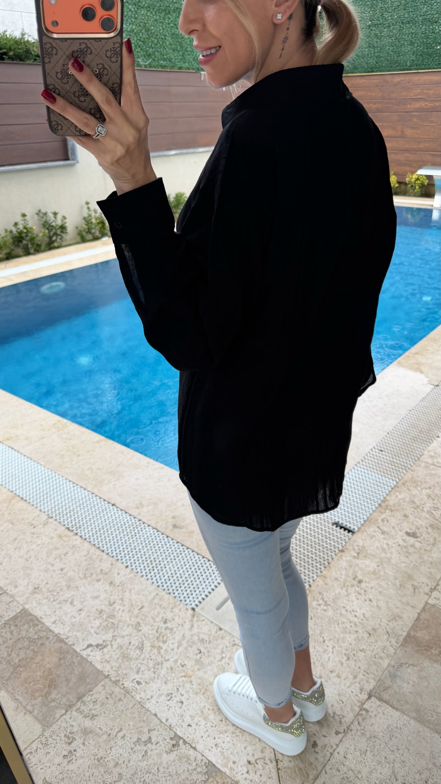 Kendinden Desenli Transparan Gömlek Siyah