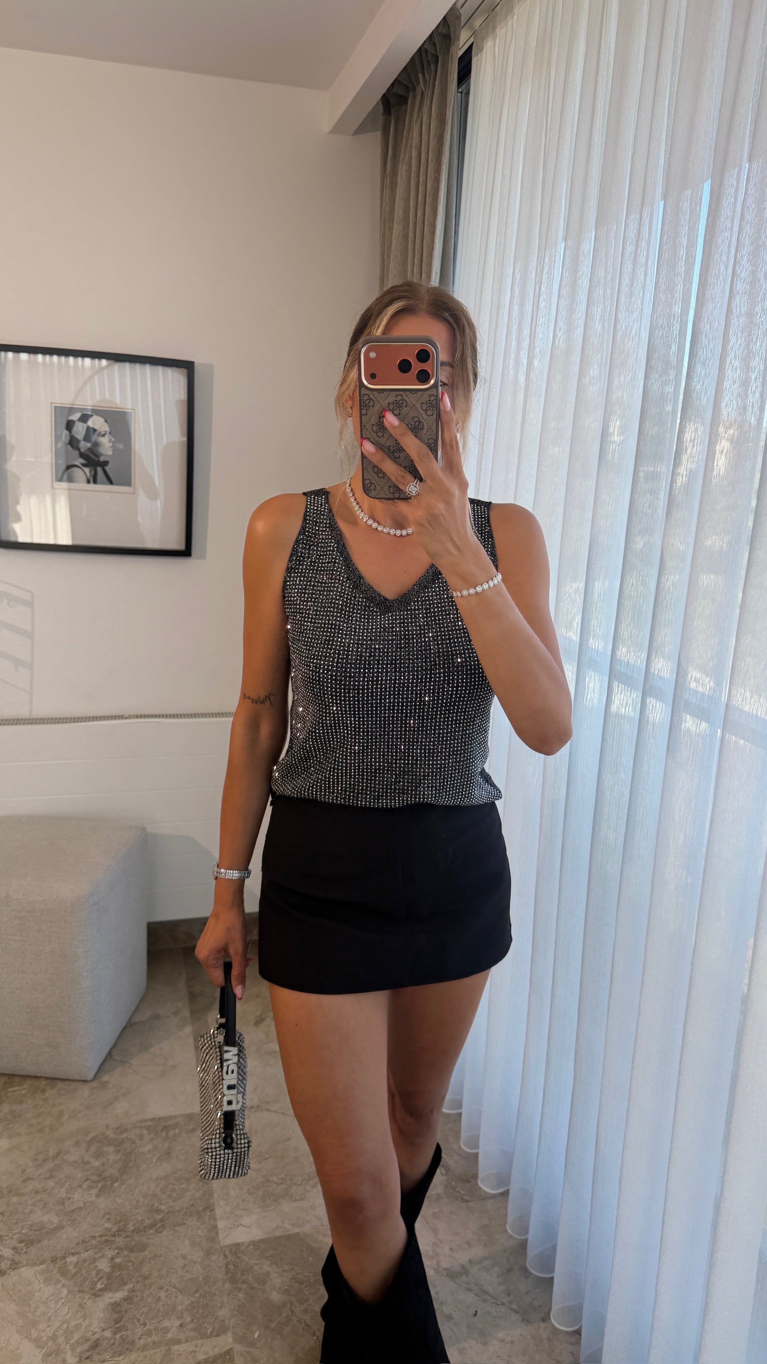 Crystal Taşlı Bluz Siyah