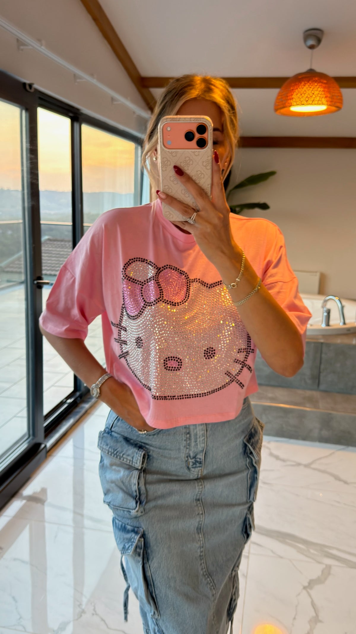 Pink Shine Taşlı Crop Tişört