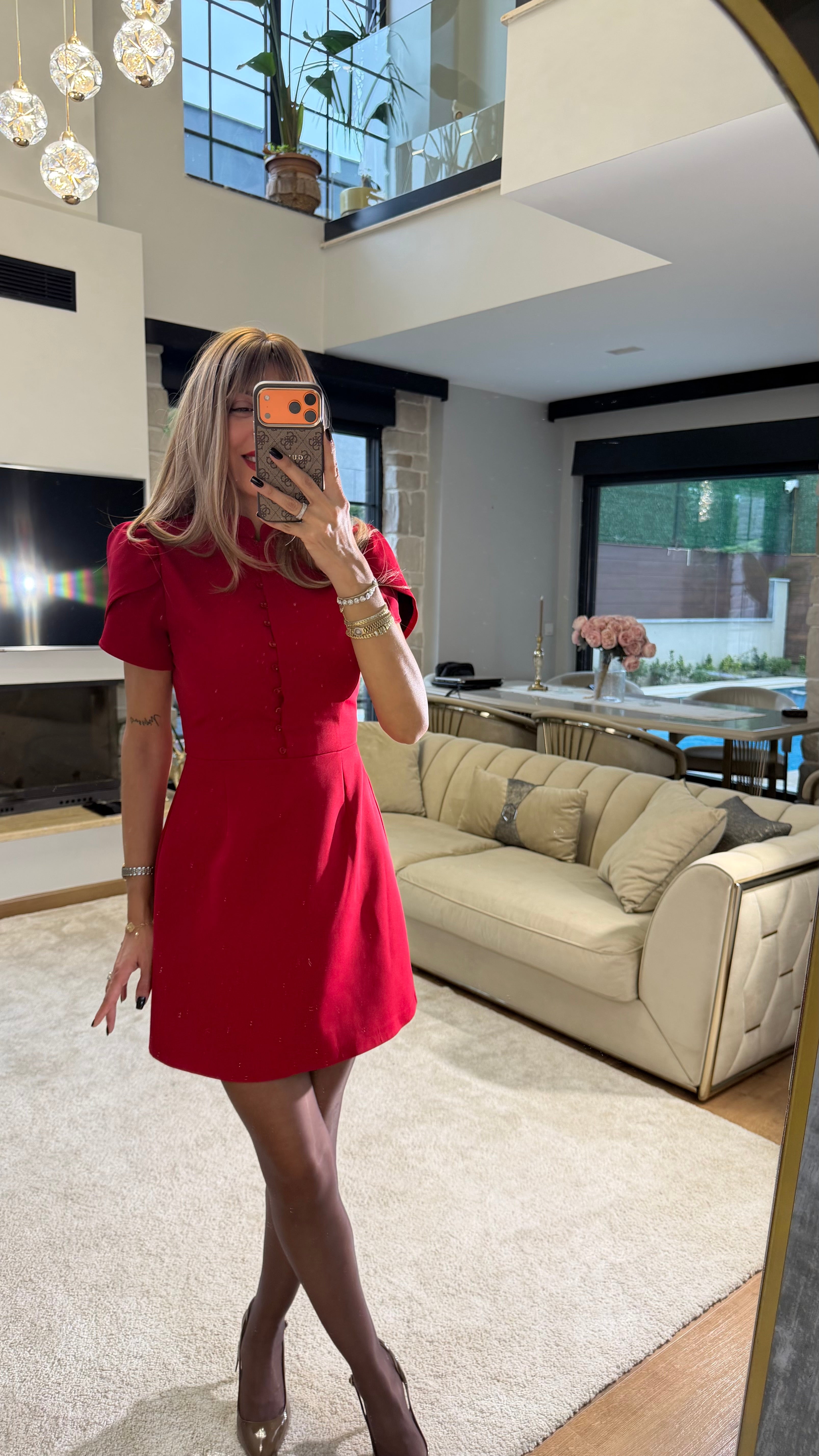 Brit Düğme Detaylı Mini Elbise - Kırmızı